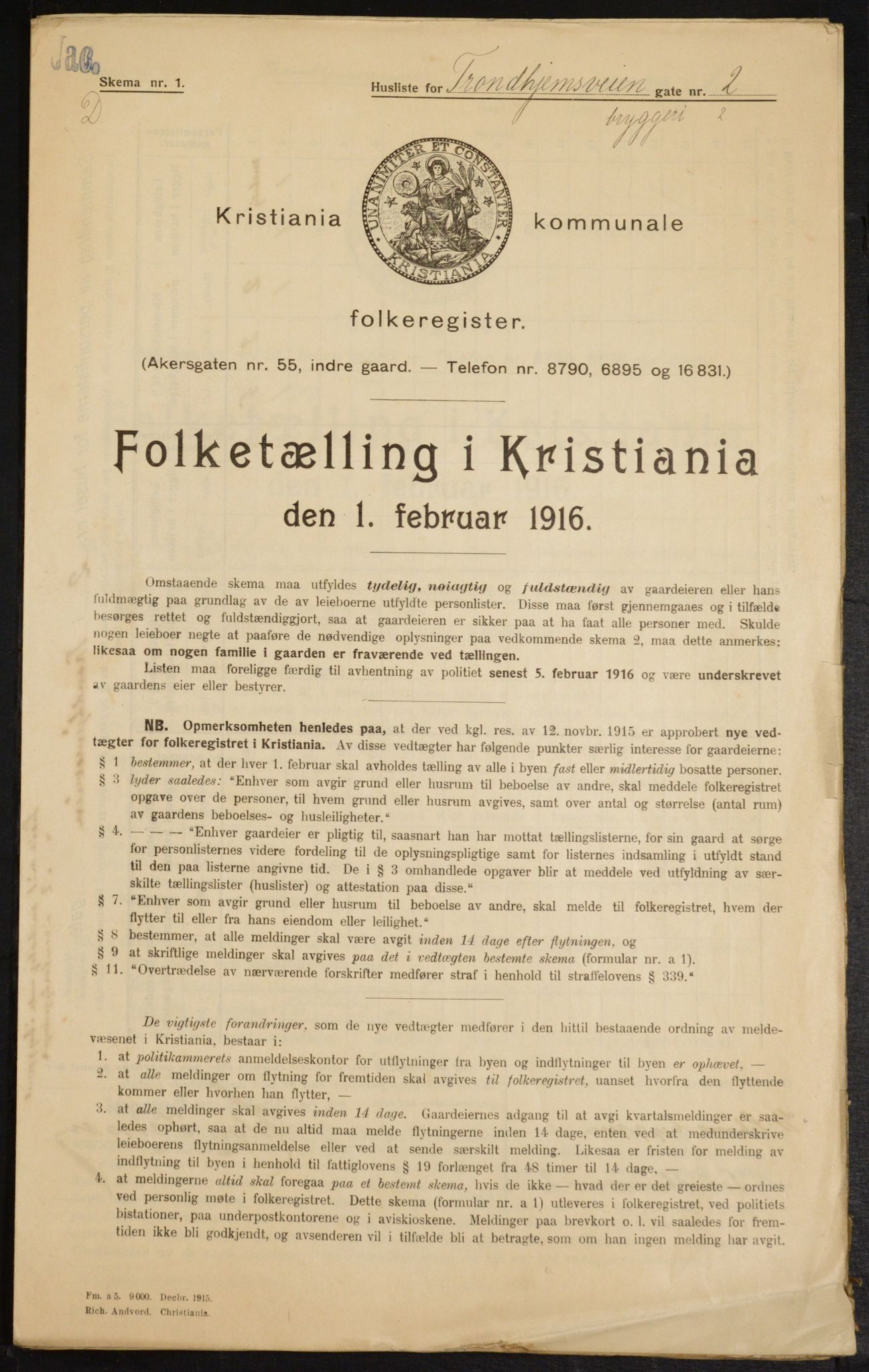 OBA, Kommunal folketelling 1.2.1916 for Kristiania, 1916, s. 119154