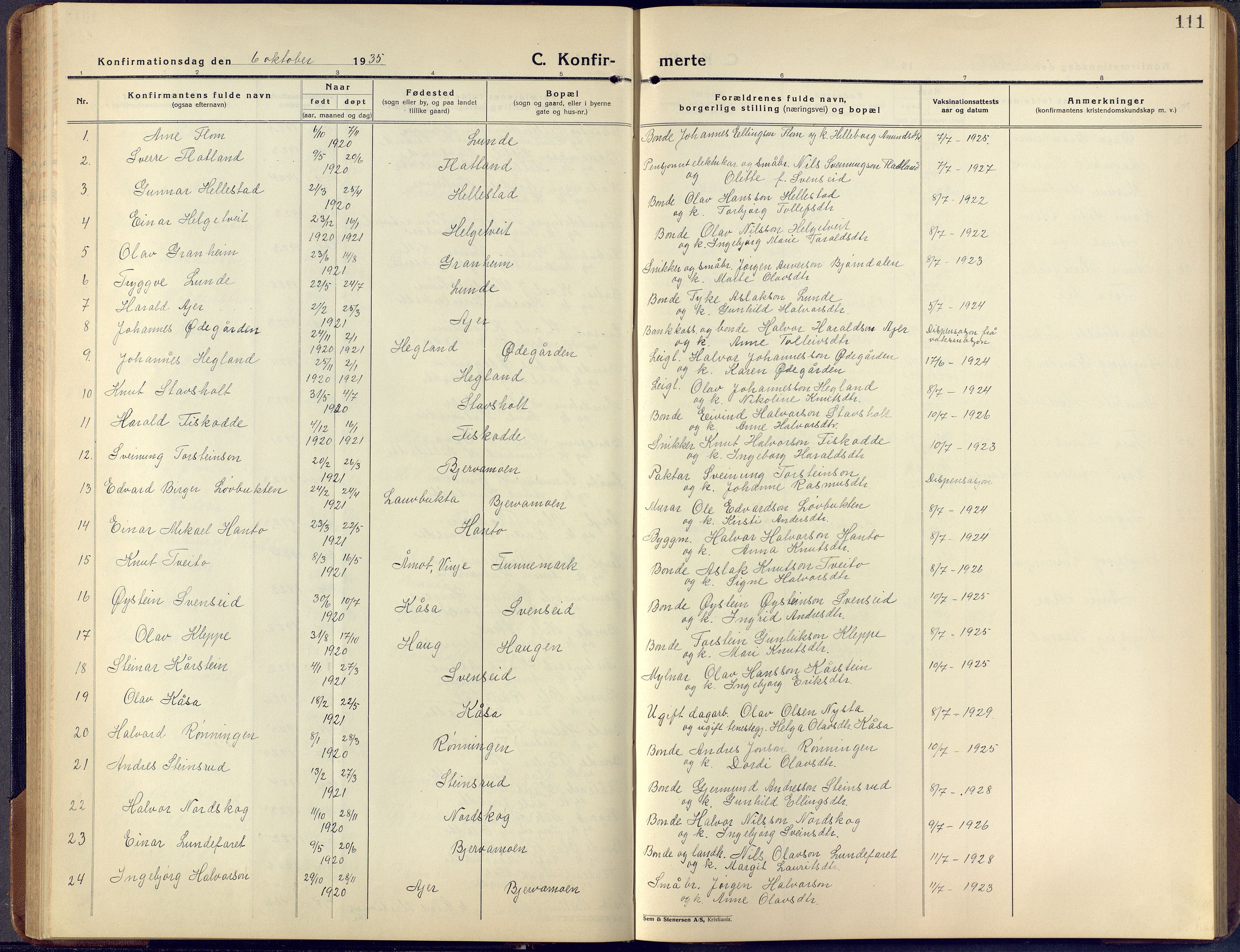 Lunde kirkebøker, SAKO/A-282/F/Fa/L0006: Ministerialbok nr. I 6, 1922-1940, s. 111