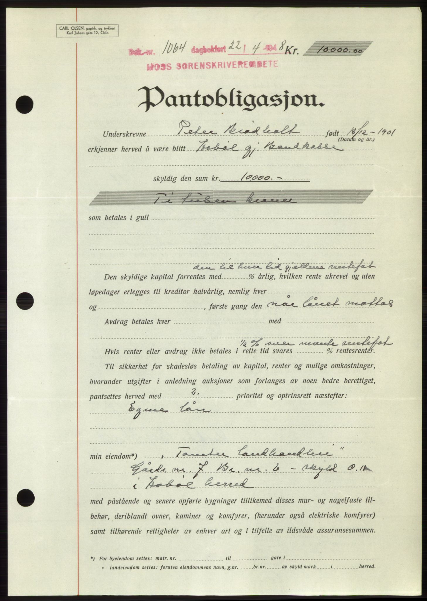 Moss sorenskriveri, SAO/A-10168: Pantebok nr. B19, 1948-1948, Dagboknr: 1064/1948