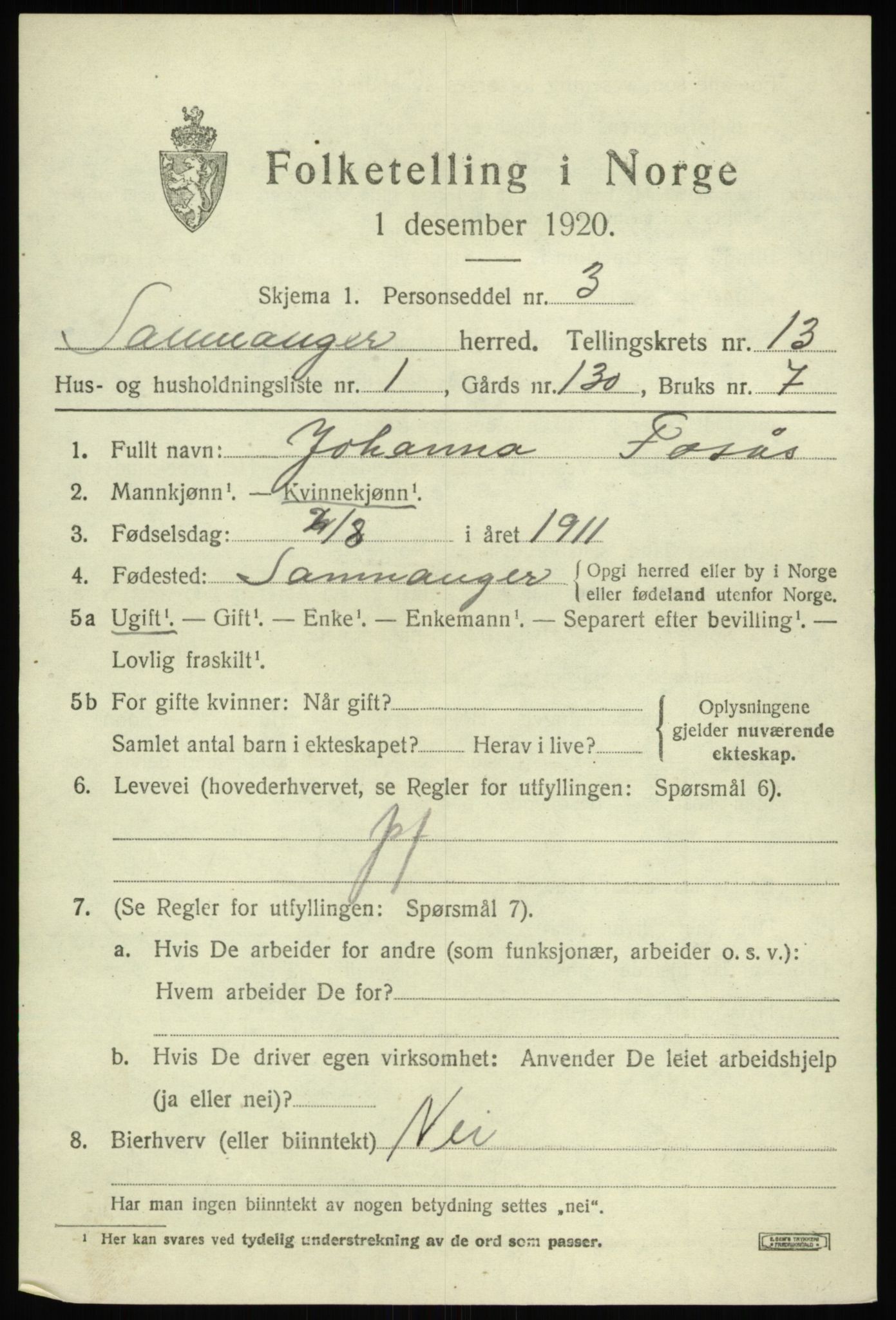 SAB, Folketelling 1920 for 1242 Samnanger herred, 1920, s. 5105