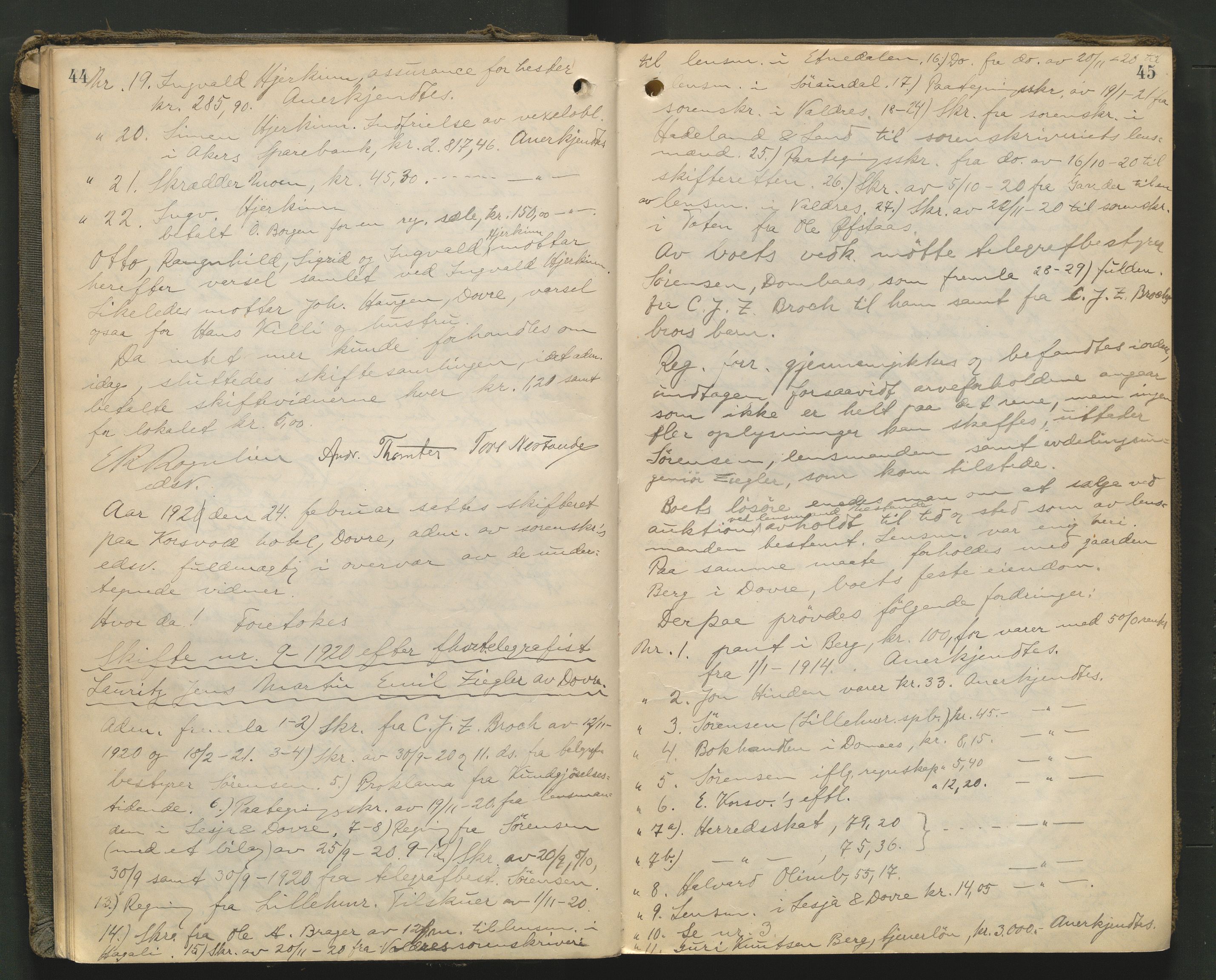Nord-Gudbrandsdal tingrett, AV/SAH-TING-002/J/Jc/L0007: Skifteforhandlingsprotokoll, 1920-1926, s. 44-45