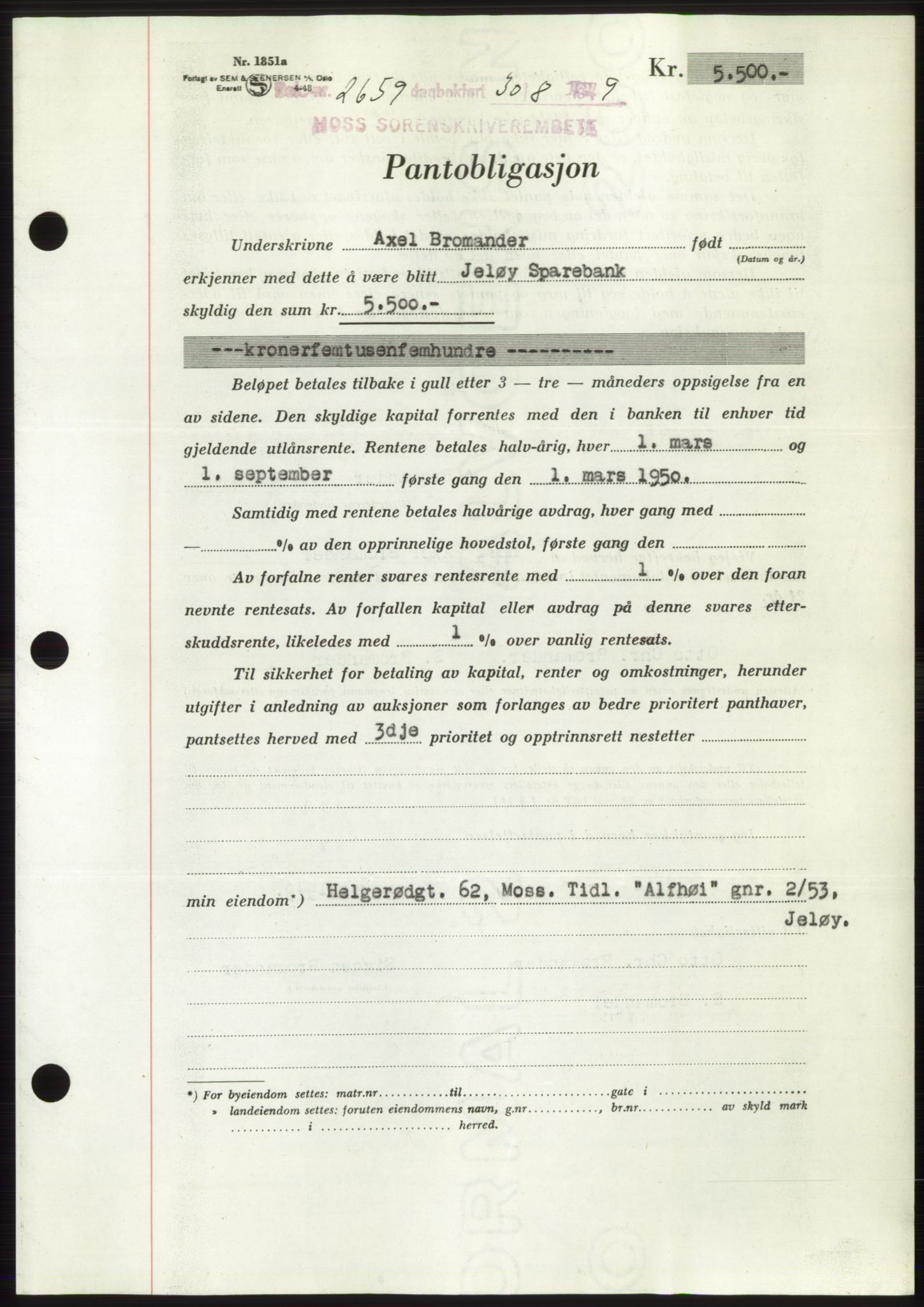 Moss sorenskriveri, SAO/A-10168: Pantebok nr. B22, 1949-1949, Dagboknr: 2659/1949