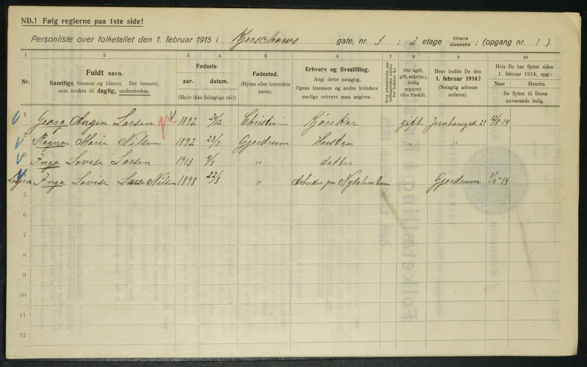 OBA, Kommunal folketelling 1.2.1915 for Kristiania, 1915, s. 48956