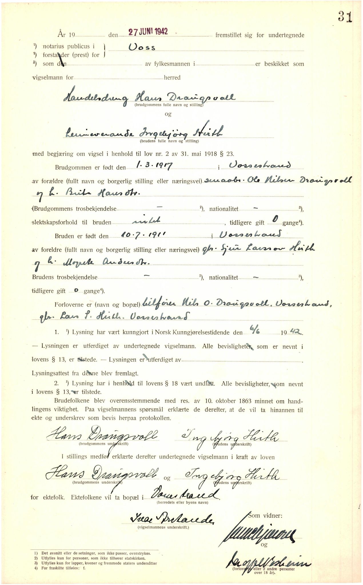 Voss sorenskrivar, AV/SAB-A-2701/M/Maa/L0001: Vigselbok, 1920-1943, s. 31a