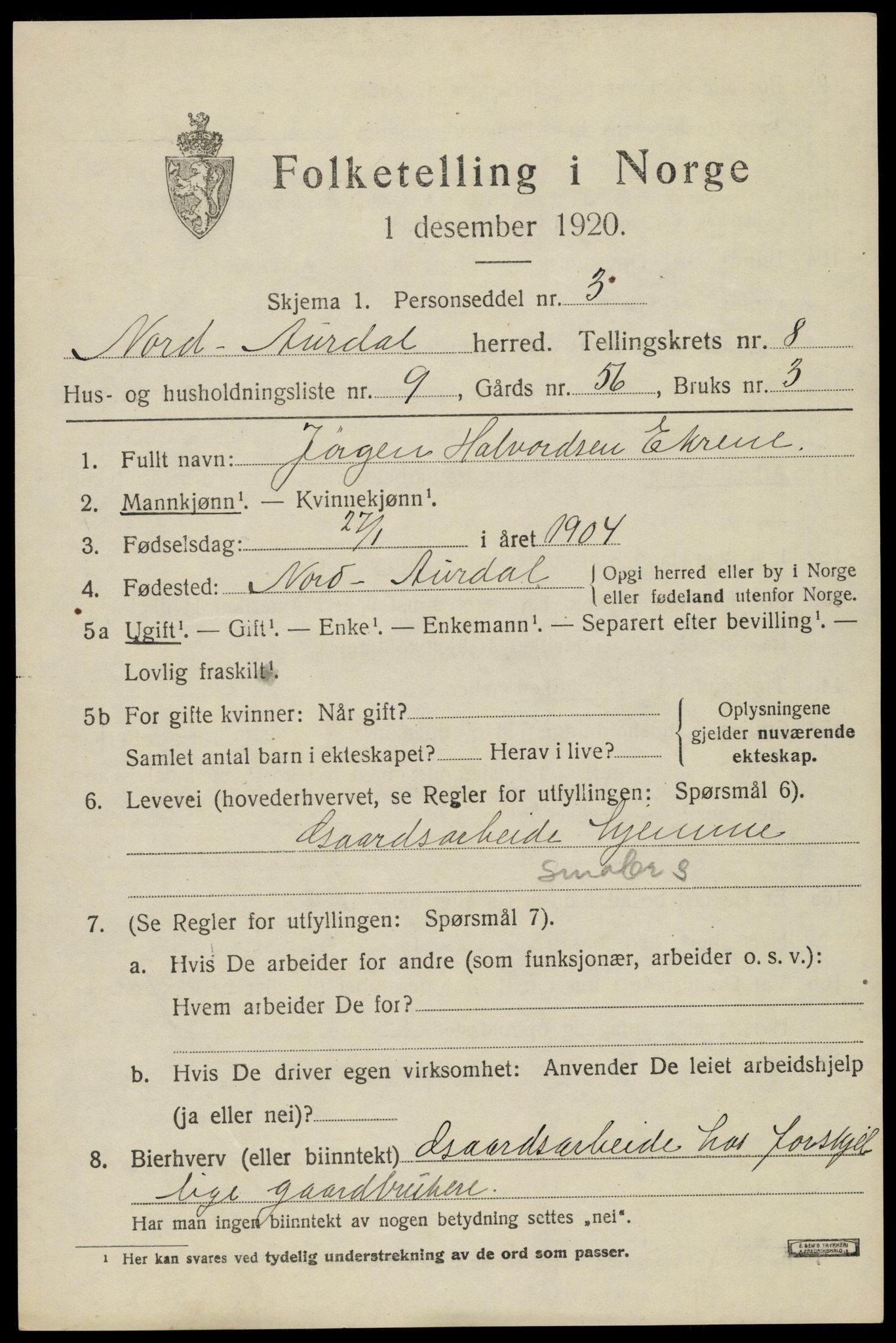 SAH, Folketelling 1920 for 0542 Nord-Aurdal herred, 1920, s. 6848