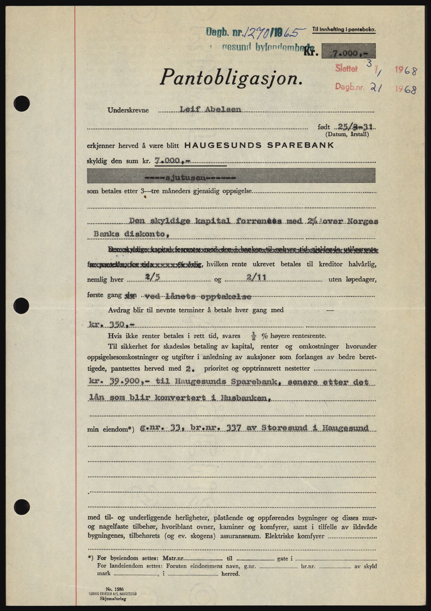 Haugesund tingrett, SAST/A-101415/01/II/IIC/L0053: Pantebok nr. B 53, 1965-1965, Dagboknr: 1270/1965