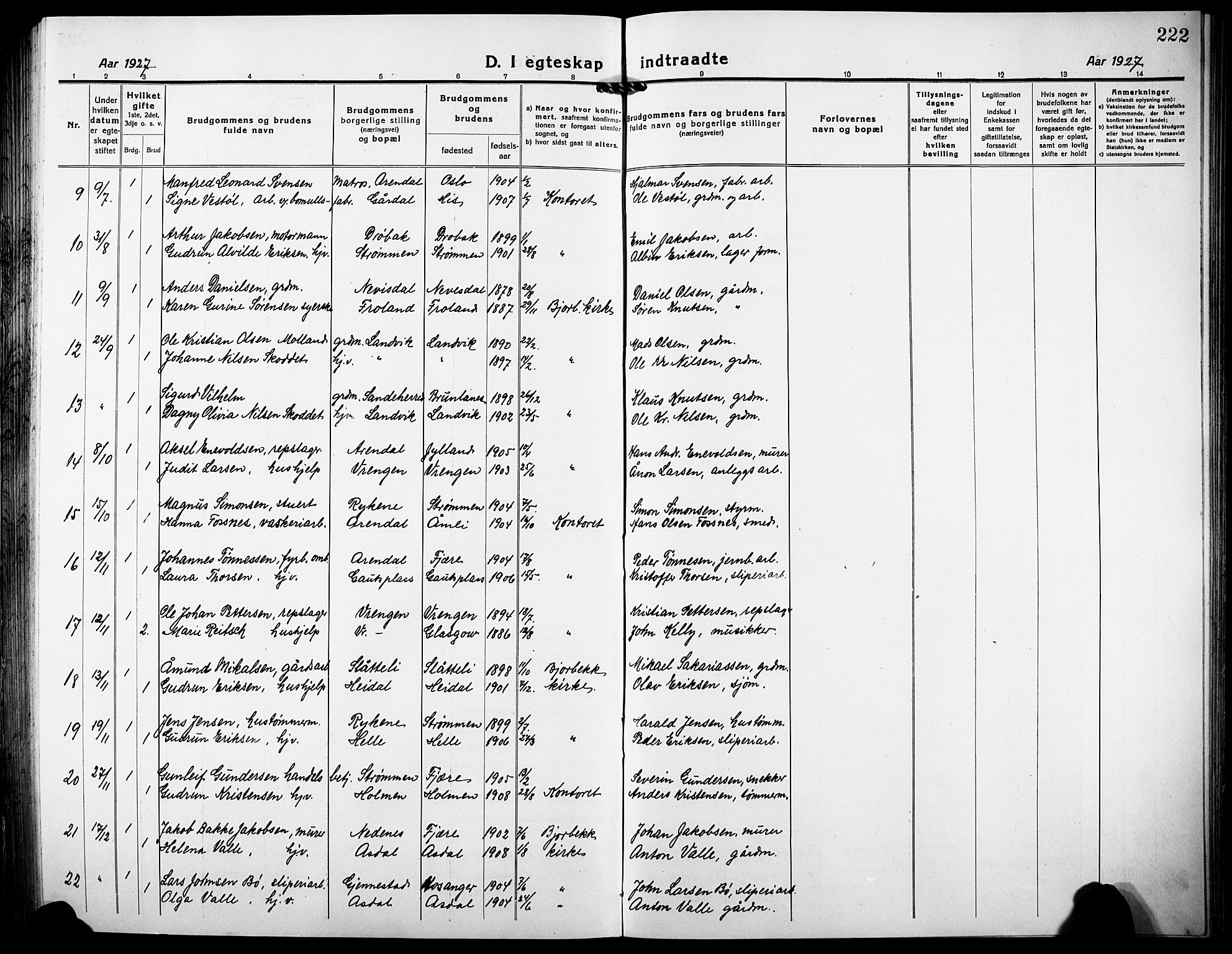 Øyestad sokneprestkontor, SAK/1111-0049/F/Fb/L0012: Klokkerbok nr. B 12, 1919-1932, s. 222