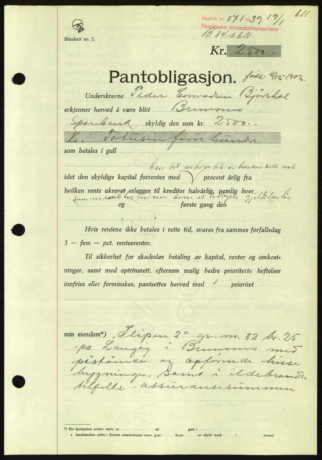 Nordmøre sorenskriveri, AV/SAT-A-4132/1/2/2Ca: Pantebok nr. B84, 1938-1939, Dagboknr: 171/1939