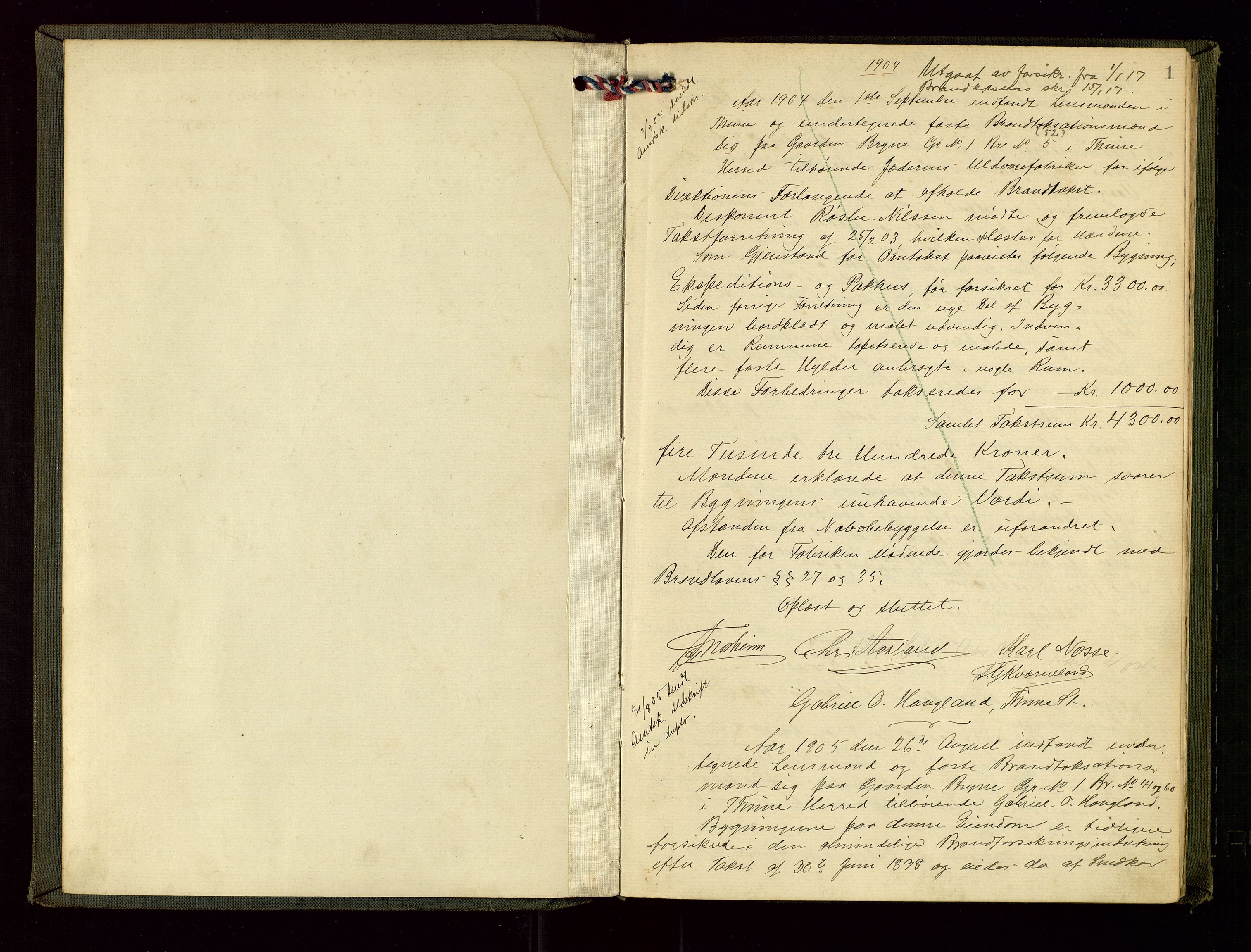 Time lensmannskontor, AV/SAST-A-100420/Goa/L0002: "Brandtakstprotokol", 1904-1920, s. 1a