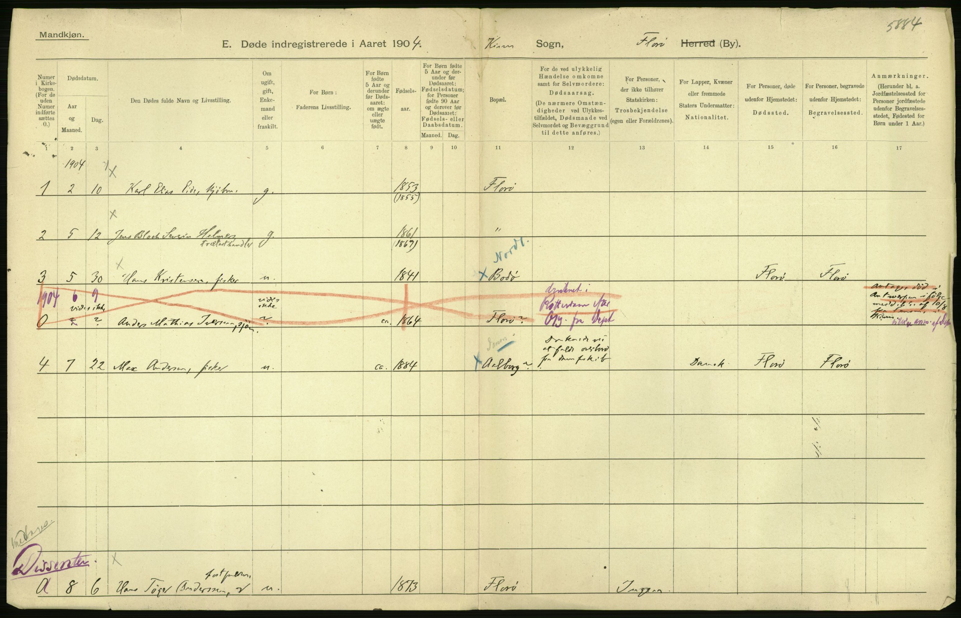 Statistisk sentralbyrå, Sosiodemografiske emner, Befolkning, RA/S-2228/D/Df/Dfa/Dfab/L0024: Florø: Fødte, gifte, døde, 1904, s. 4