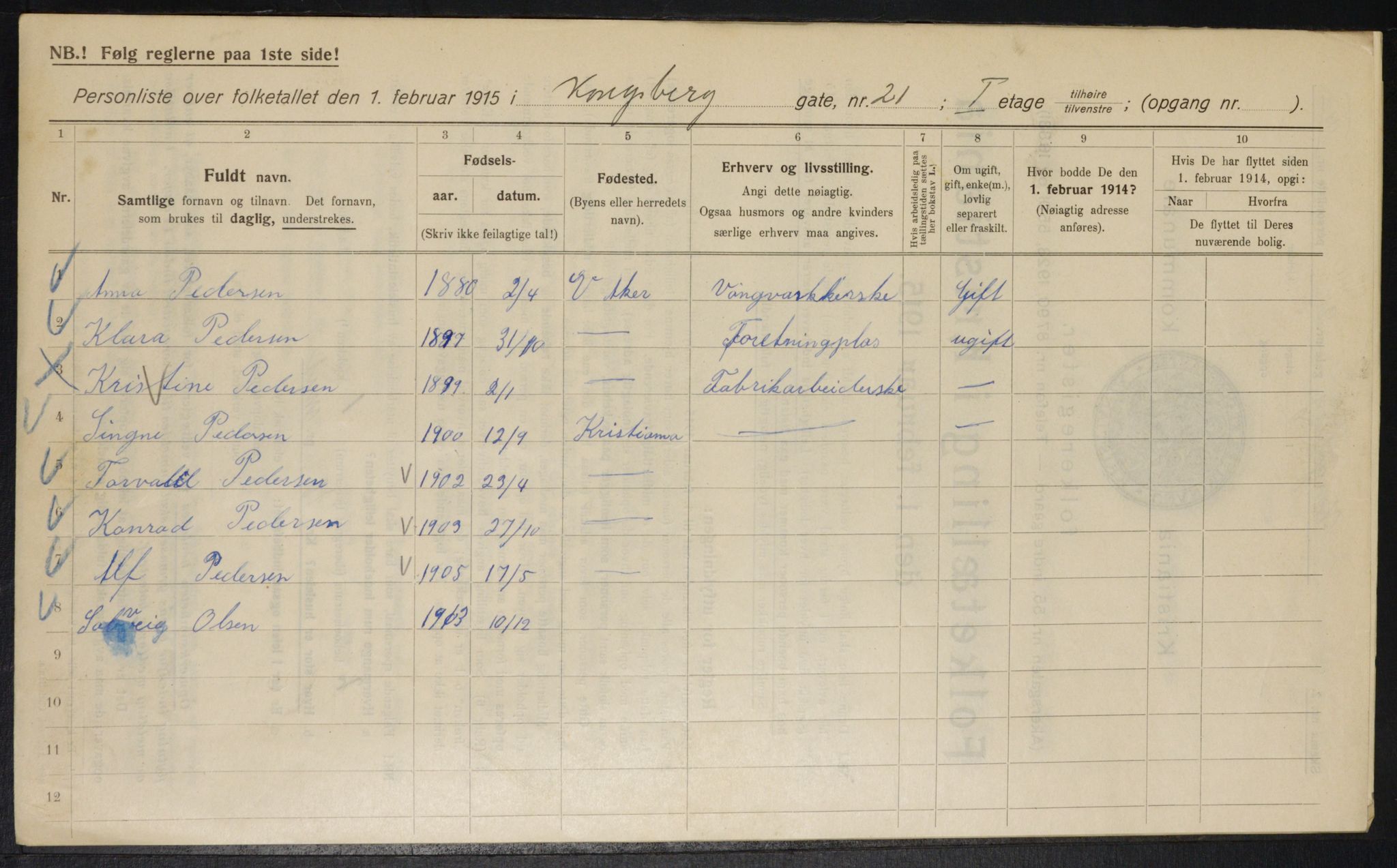 OBA, Kommunal folketelling 1.2.1915 for Kristiania, 1915, s. 52495