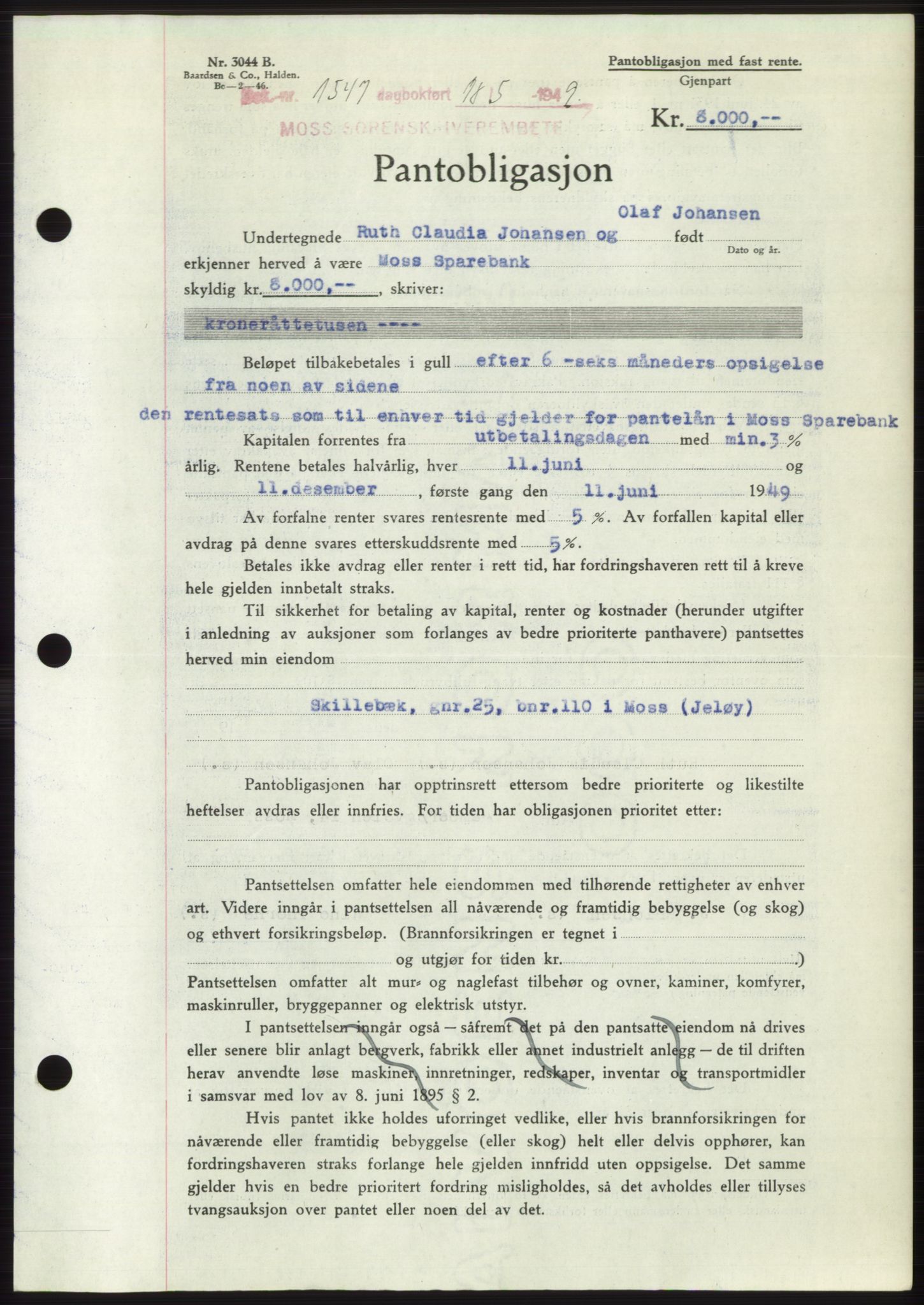 Moss sorenskriveri, SAO/A-10168: Pantebok nr. B21, 1949-1949, Dagboknr: 1547/1949