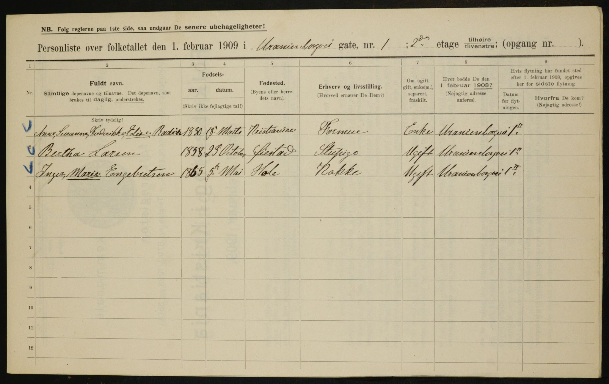 OBA, Kommunal folketelling 1.2.1909 for Kristiania kjøpstad, 1909, s. 109170