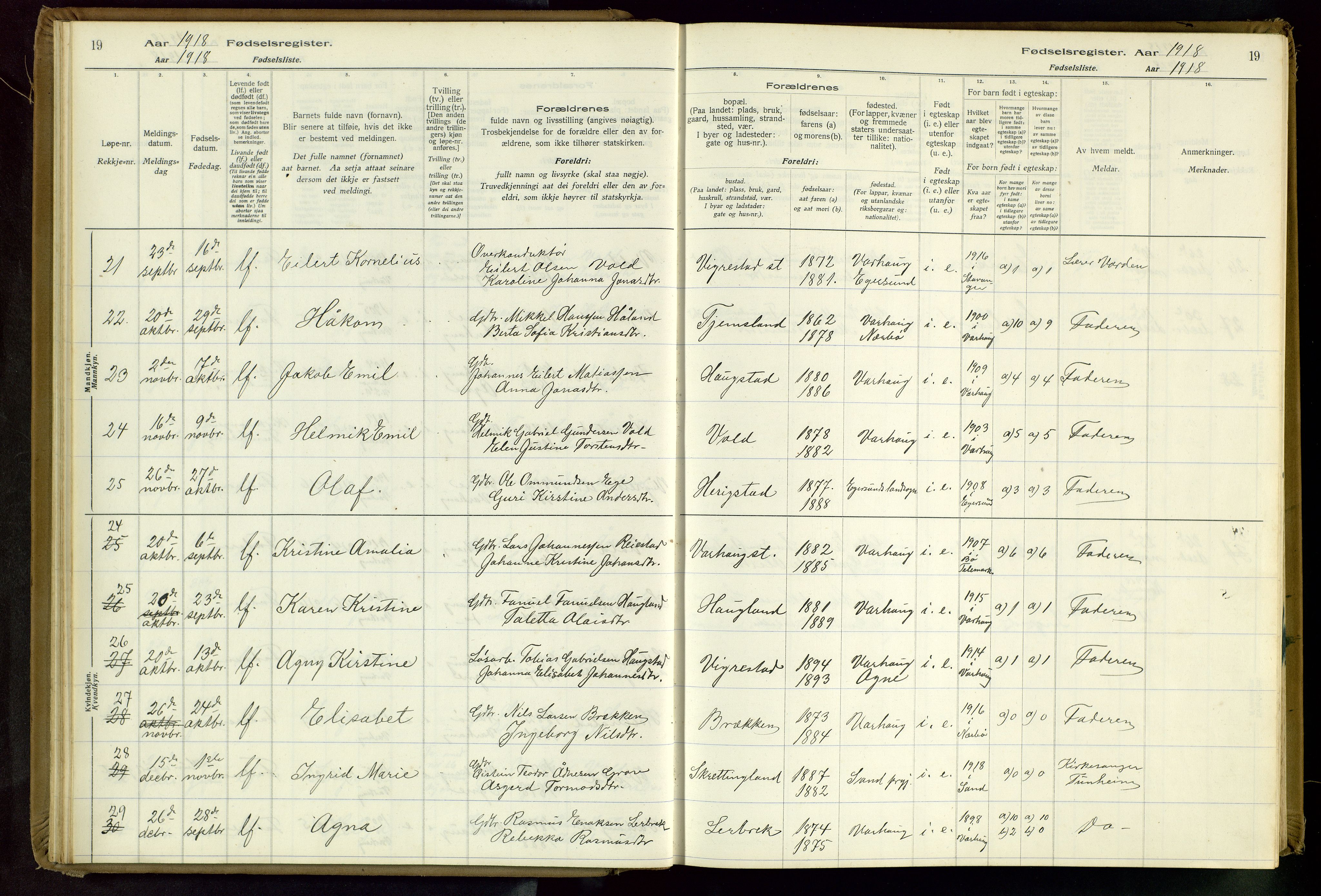 Hå sokneprestkontor, SAST/A-101801/001/704BA/L0001: Fødselsregister nr. 1, 1916-1944, s. 19