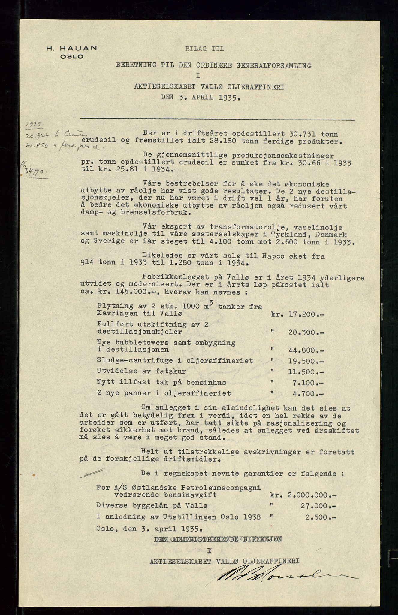 Pa 1536 - Esso Norge as, Vallø Oljeraffineri og lager, AV/SAST-A-101956/A/Aa/L0002: Vallø Oljeraffineri ordinær og ekstraordinær generalforsamling 1934. Ordinær generalforsamling Vallø Oljeraffineri, Norsk Amerikansk Petroleuns co., Vestlandske Petroleums co. 1935., 1934-1935, s. 55