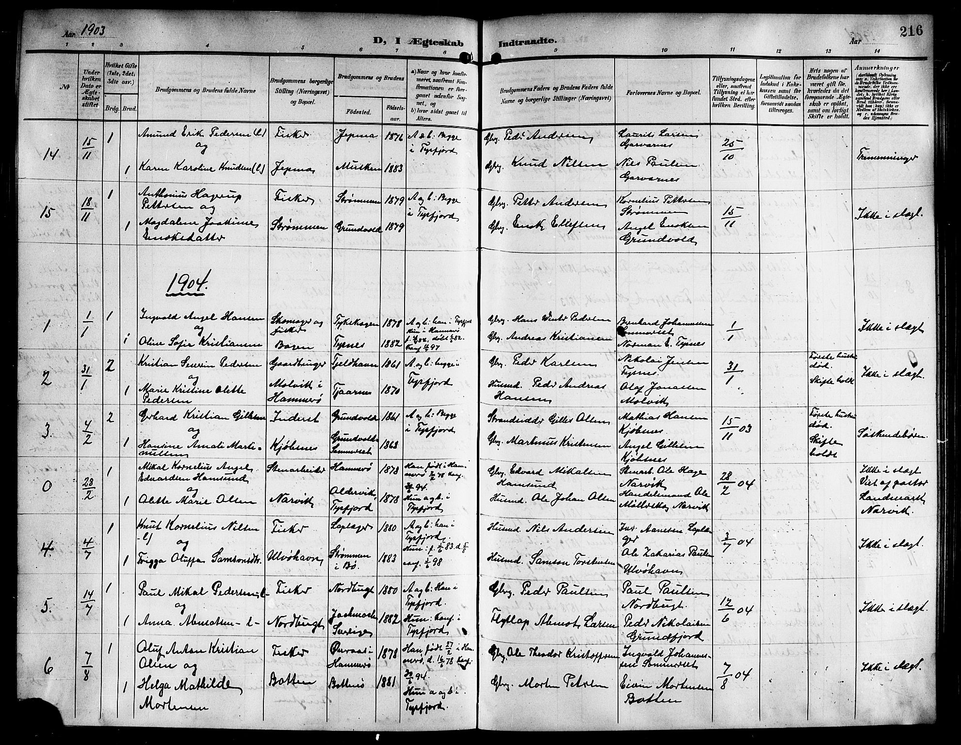 Ministerialprotokoller, klokkerbøker og fødselsregistre - Nordland, AV/SAT-A-1459/861/L0877: Klokkerbok nr. 861C03, 1903-1919, s. 216