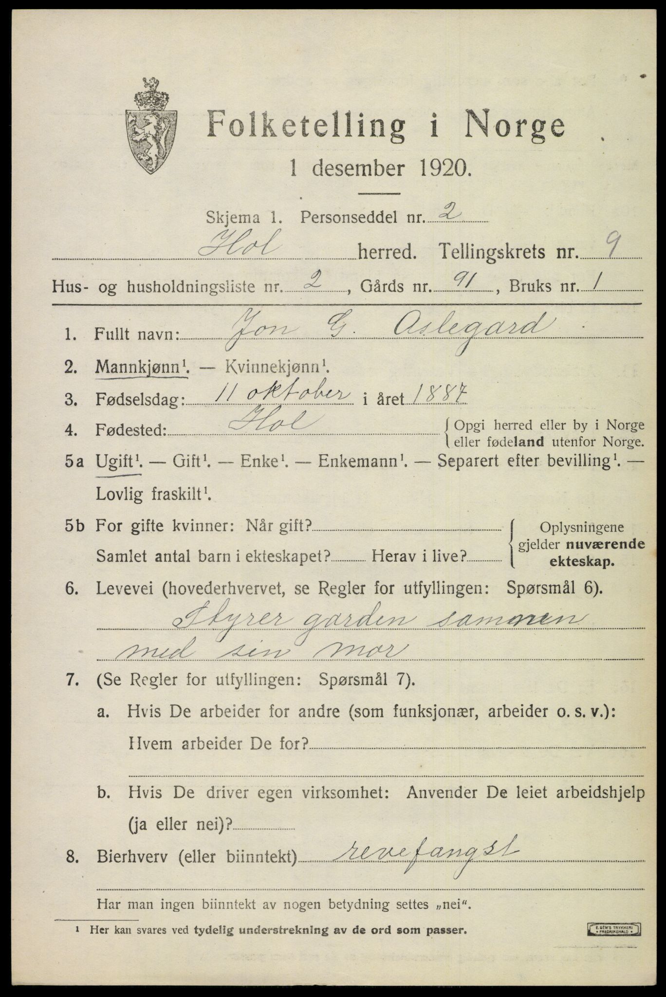 SAKO, Folketelling 1920 for 0620 Hol herred, 1920, s. 4937