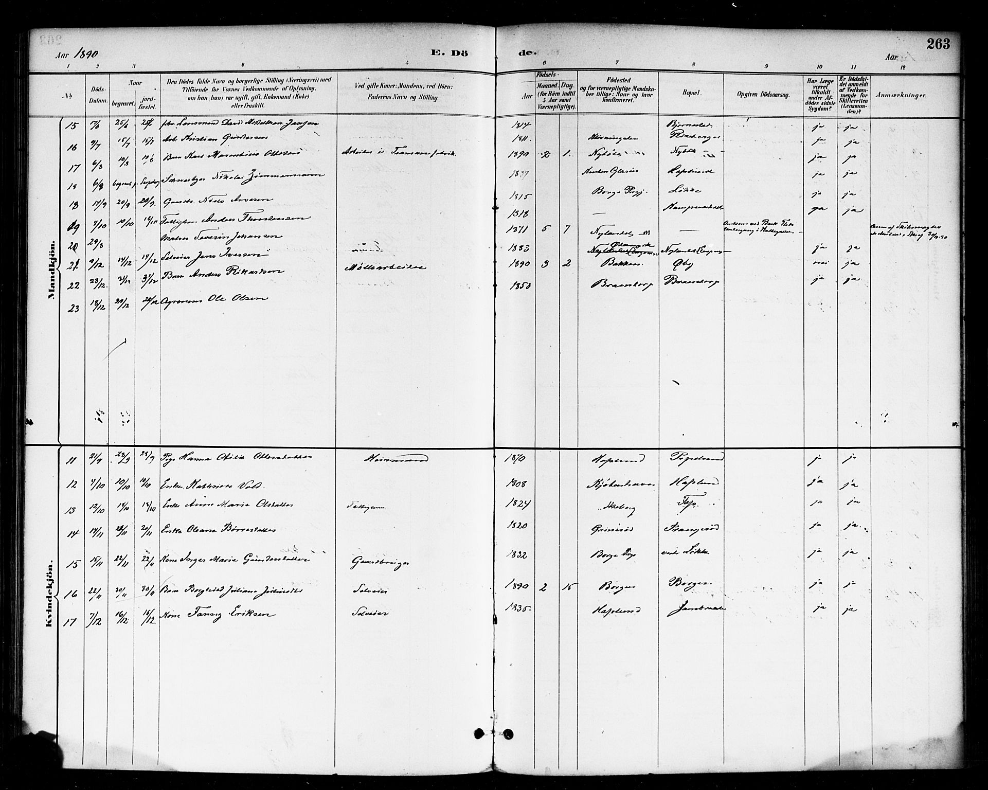 Skjeberg prestekontor Kirkebøker, SAO/A-10923/F/Fa/L0009: Ministerialbok nr. I 9, 1886-1897, s. 263