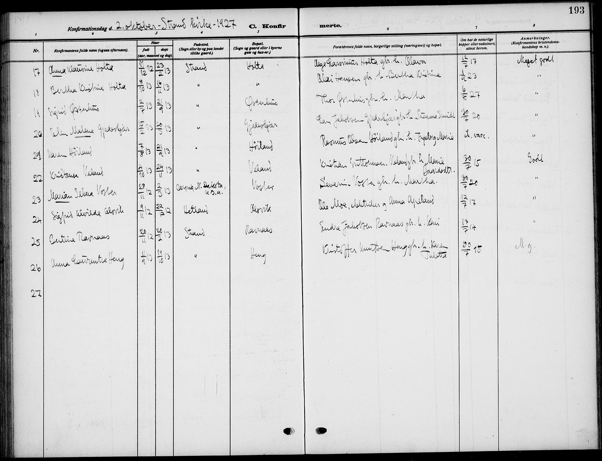 Strand sokneprestkontor, SAST/A-101828/H/Ha/Haa/L0011: Ministerialbok nr. A 11, 1908-1930, s. 193