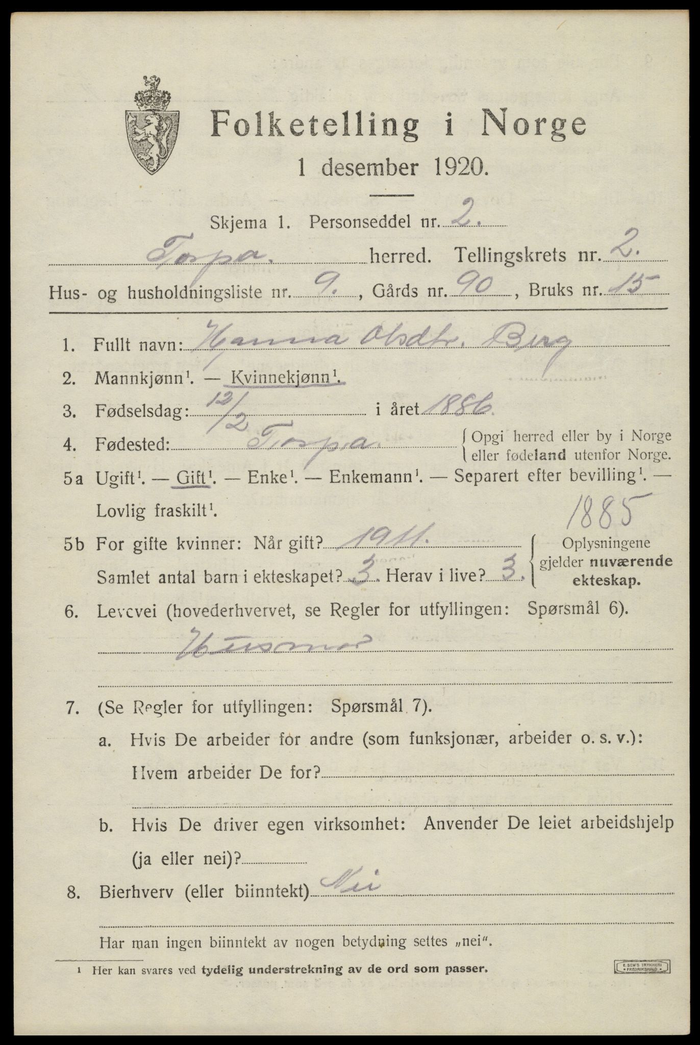 SAH, Folketelling 1920 for 0539 Torpa herred, 1920, s. 1753