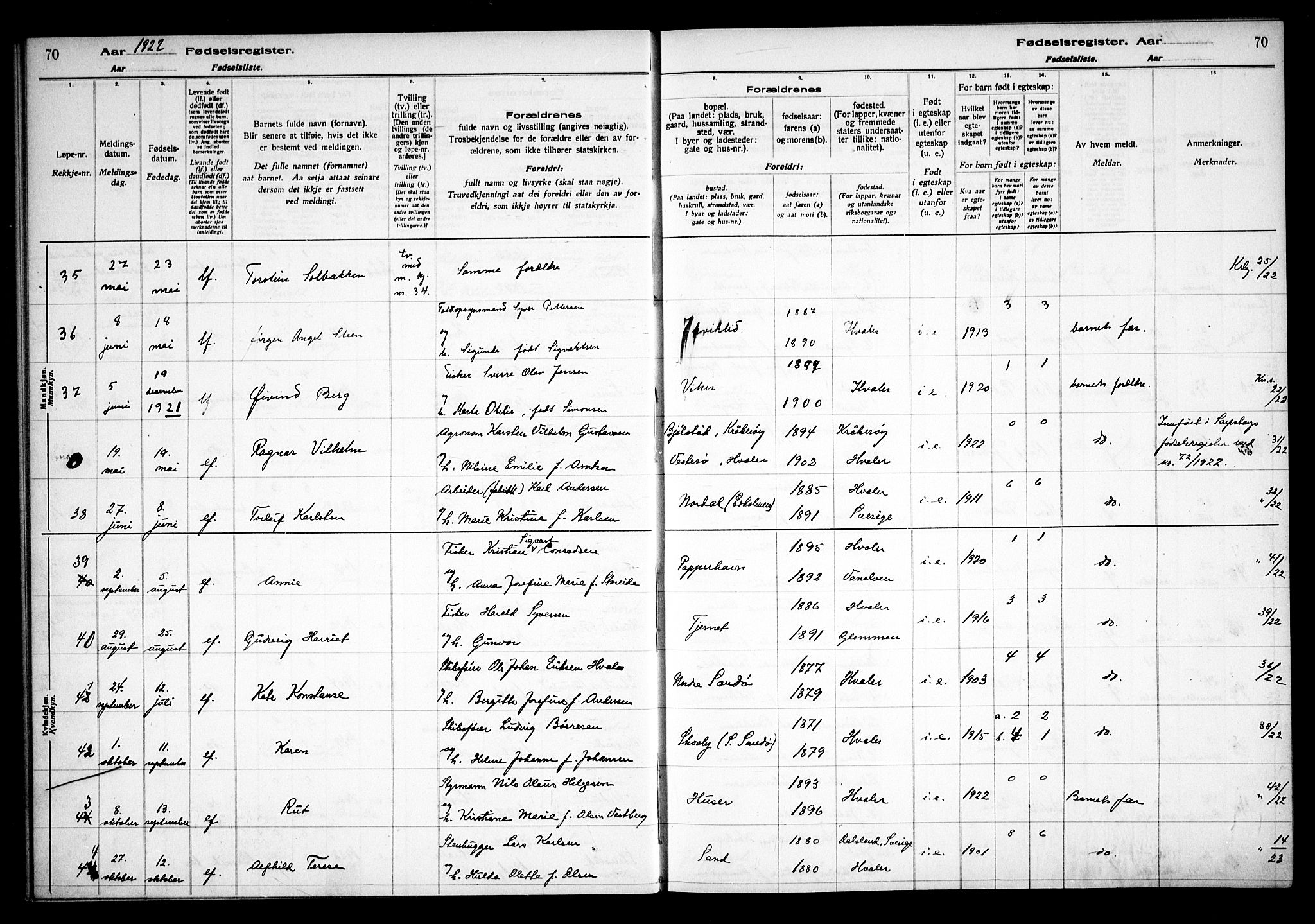 Hvaler prestekontor Kirkebøker, AV/SAO-A-2001/J/Ja/L0001: Fødselsregister nr. I 1, 1916-1938, s. 70