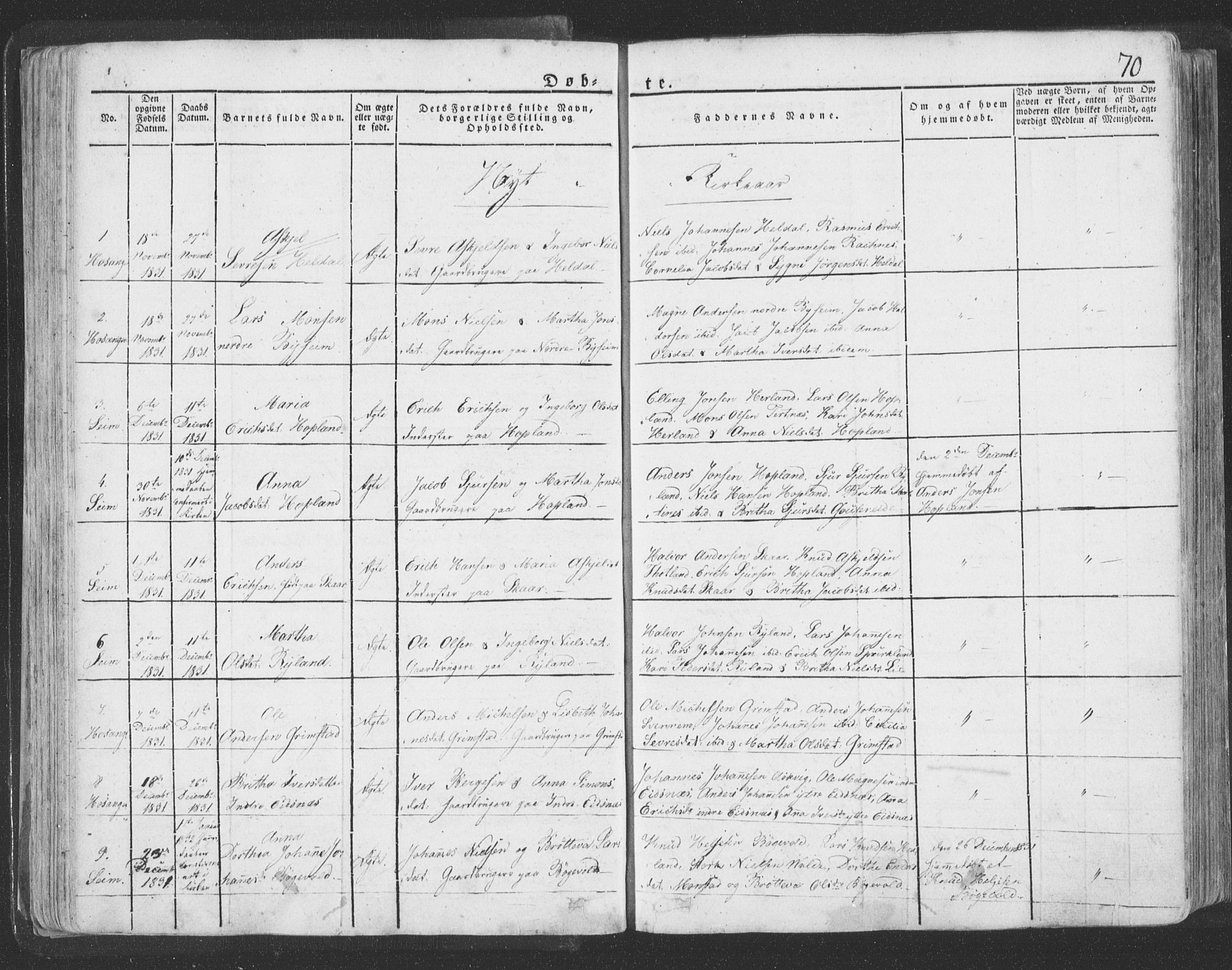 Hosanger sokneprestembete, AV/SAB-A-75801/H/Haa: Ministerialbok nr. A 6, 1824-1835, s. 70