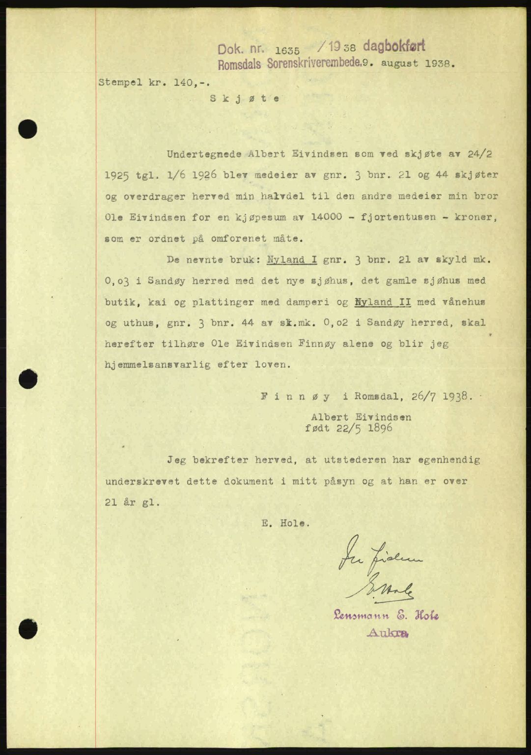 Romsdal sorenskriveri, SAT/A-4149/1/2/2C: Pantebok nr. A5, 1938-1938, Dagboknr: 1635/1938
