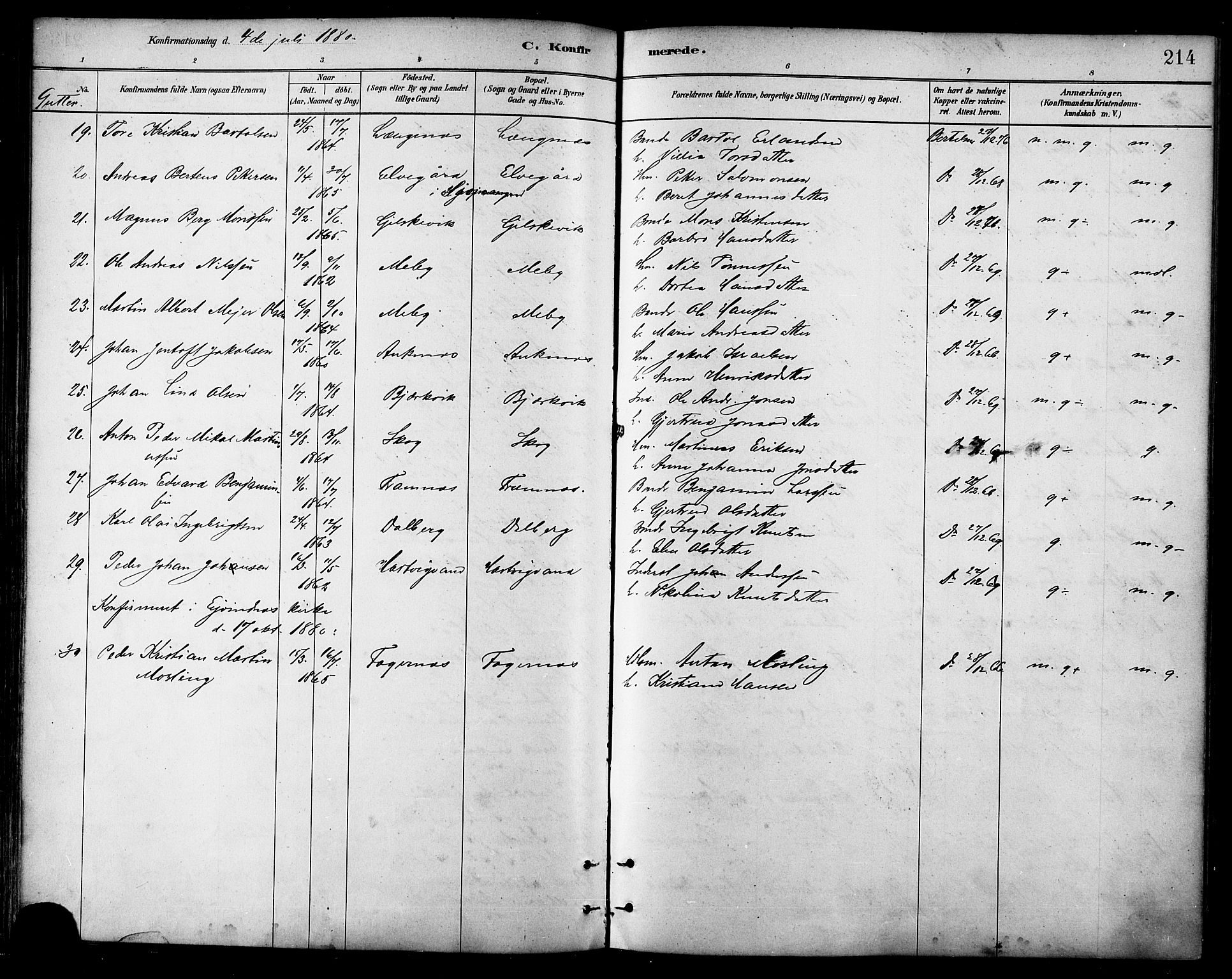 Ministerialprotokoller, klokkerbøker og fødselsregistre - Nordland, AV/SAT-A-1459/866/L0938: Ministerialbok nr. 866A01, 1879-1893, s. 214