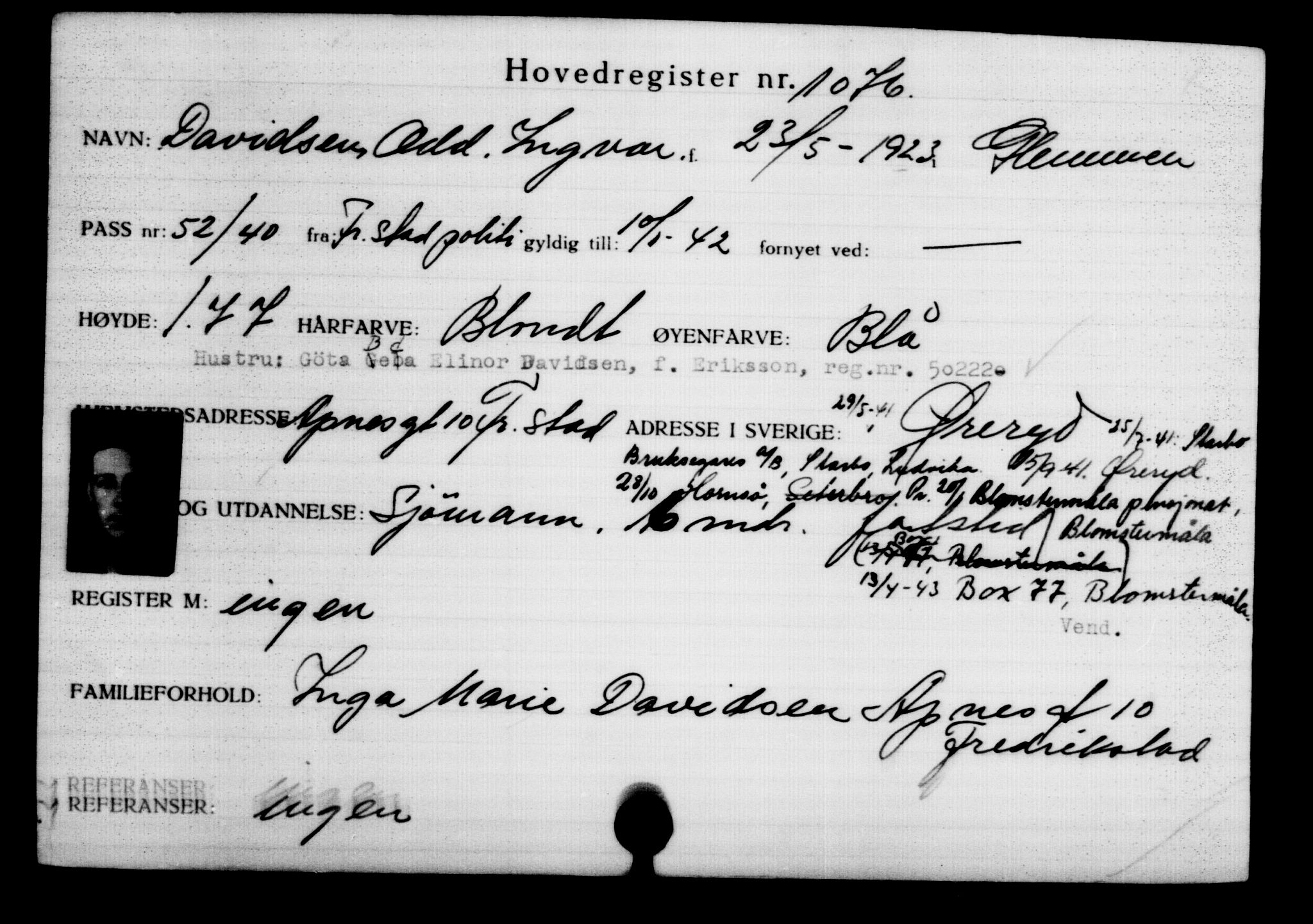 Utenriksstasjonene, Legasjonen i Stockholm, Flyktningkontoret, AV/RA-S-6753/V/Va/L0002: Kjesäterkartoteket, flyktninger med registreringsnr. 1001-2000, 1940-1945, s. 128