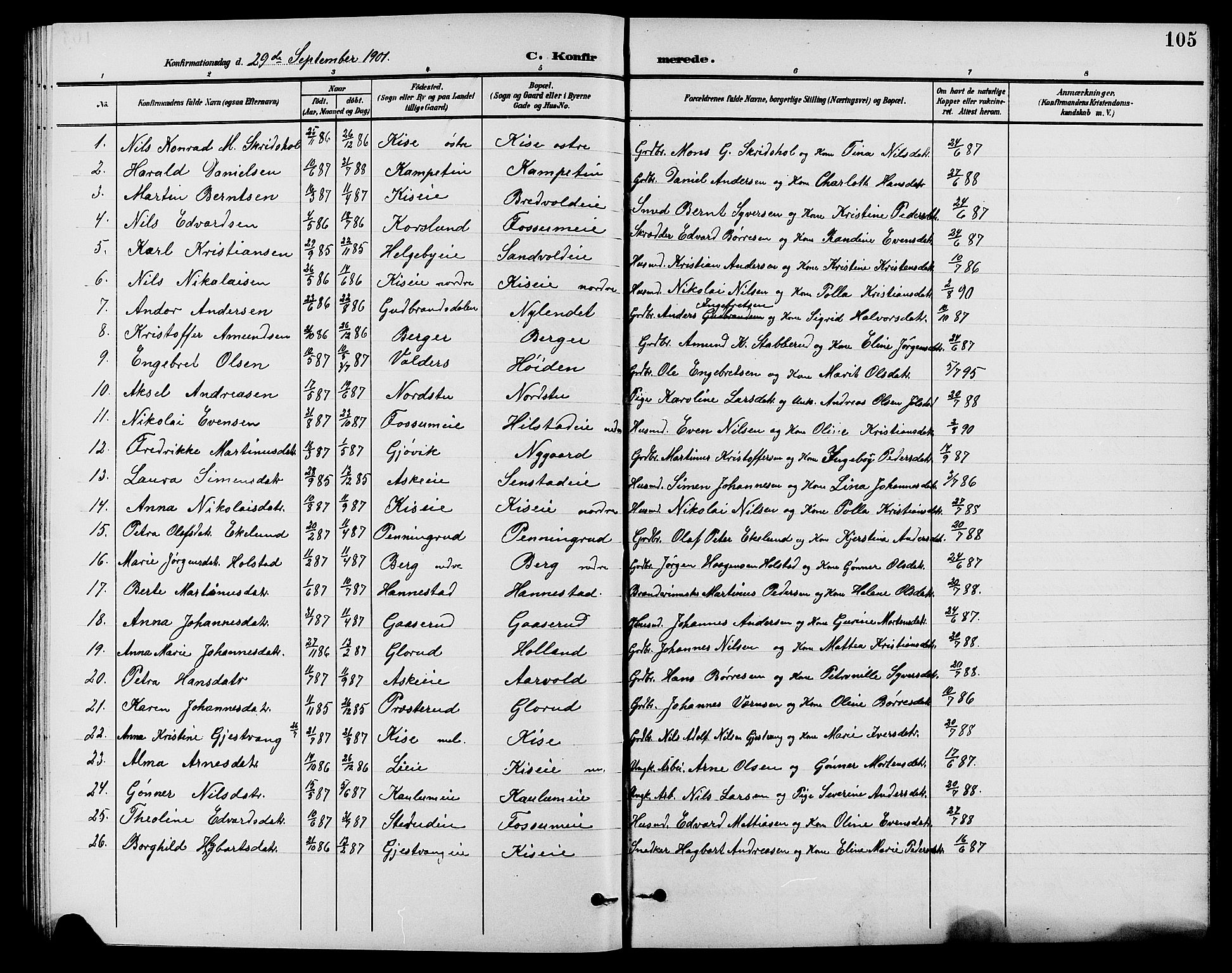 Nes prestekontor, Hedmark, AV/SAH-PREST-020/L/La/L0007: Klokkerbok nr. 7, 1892-1912, s. 105
