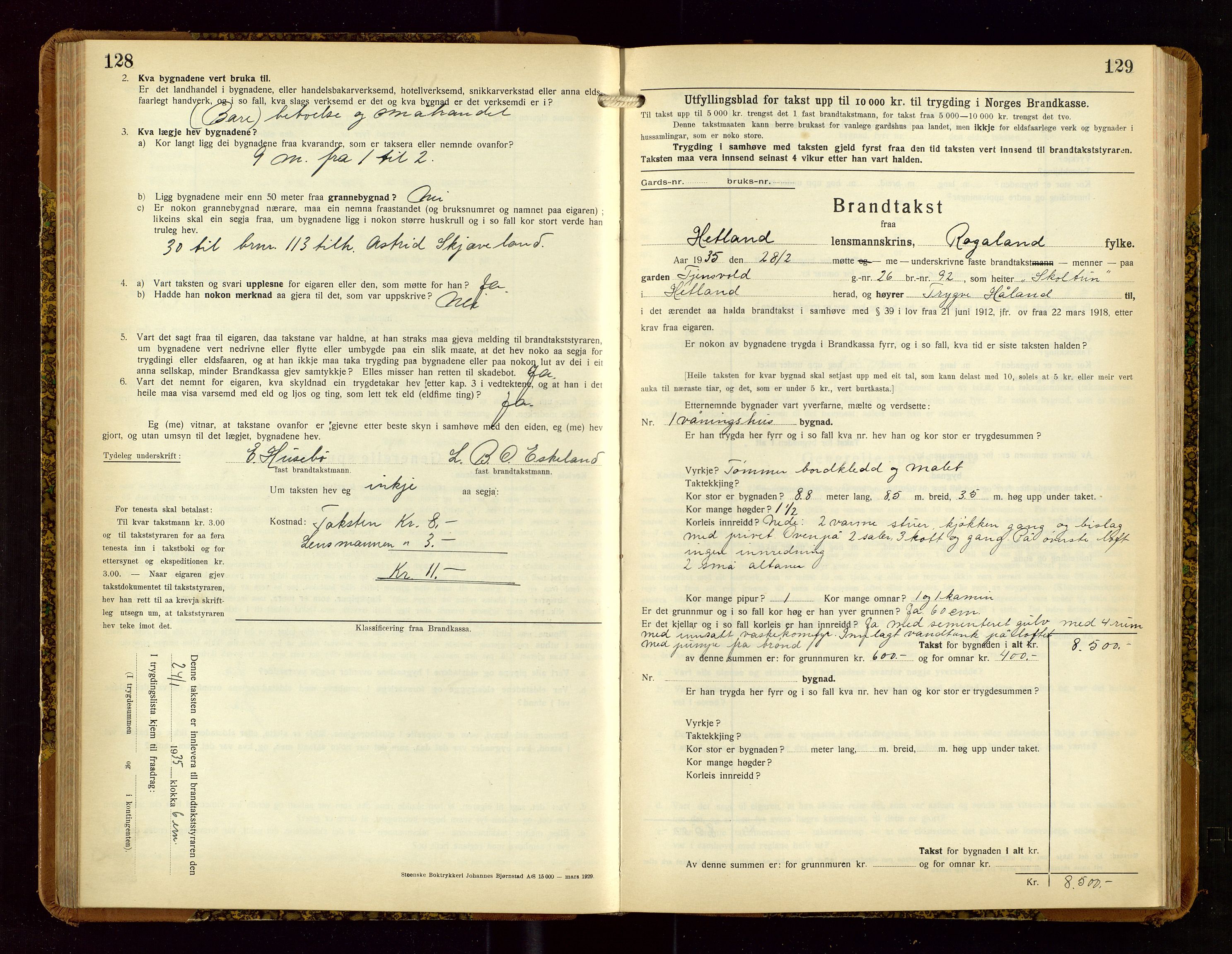 Hetland lensmannskontor, AV/SAST-A-100101/Gob/L0004: "Brandtakstbok", 1934-1936, s. 128-129