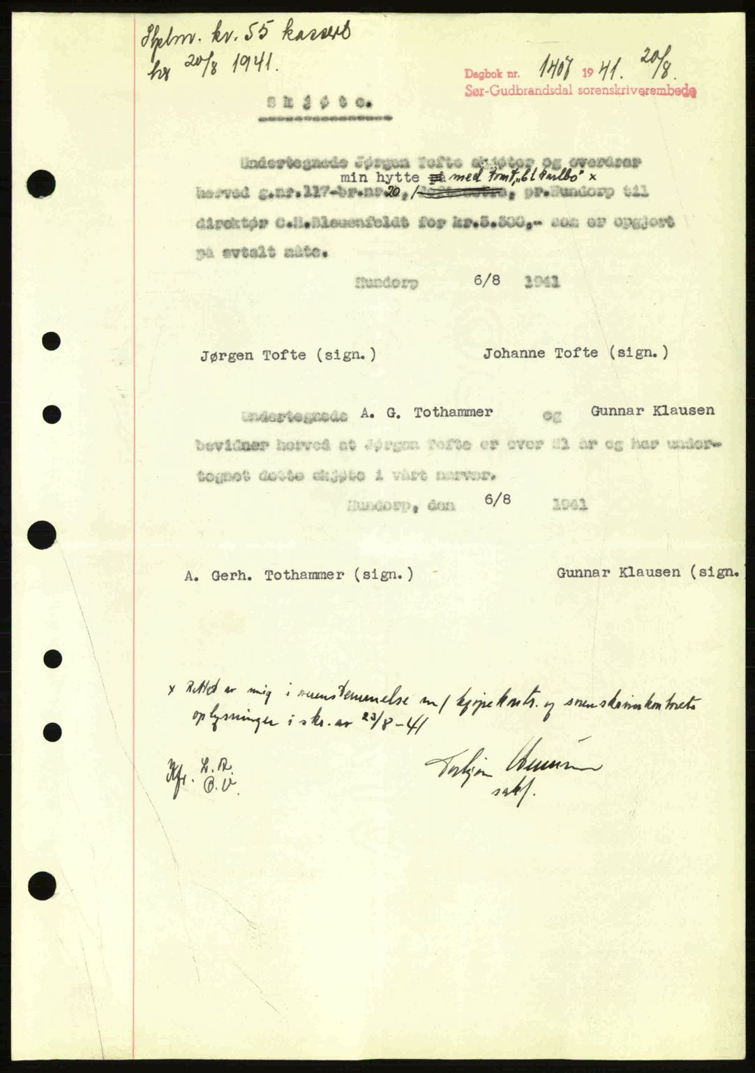 Sør-Gudbrandsdal tingrett, SAH/TING-004/H/Hb/Hbd/L0009: Pantebok nr. A9, 1941-1941, Dagboknr: 1407/1941