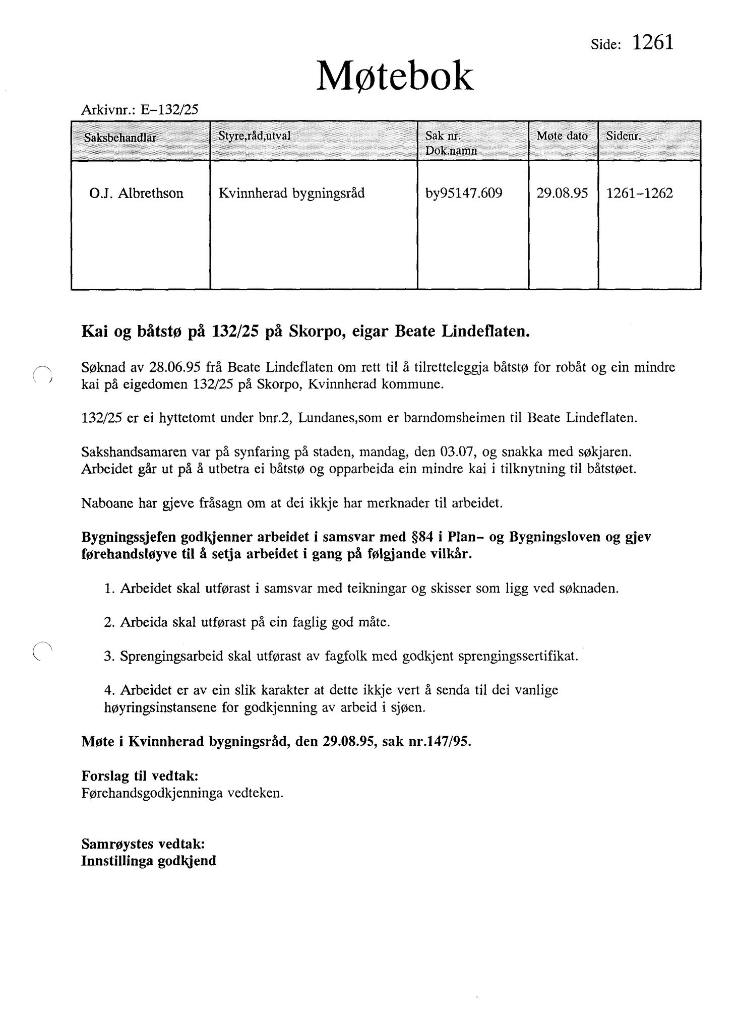 Kvinnherad kommune. Bygningsrådet , IKAH/1224-511/A/Aa/L0093: Møtebok for Kvinnherad bygningsråd, 1995