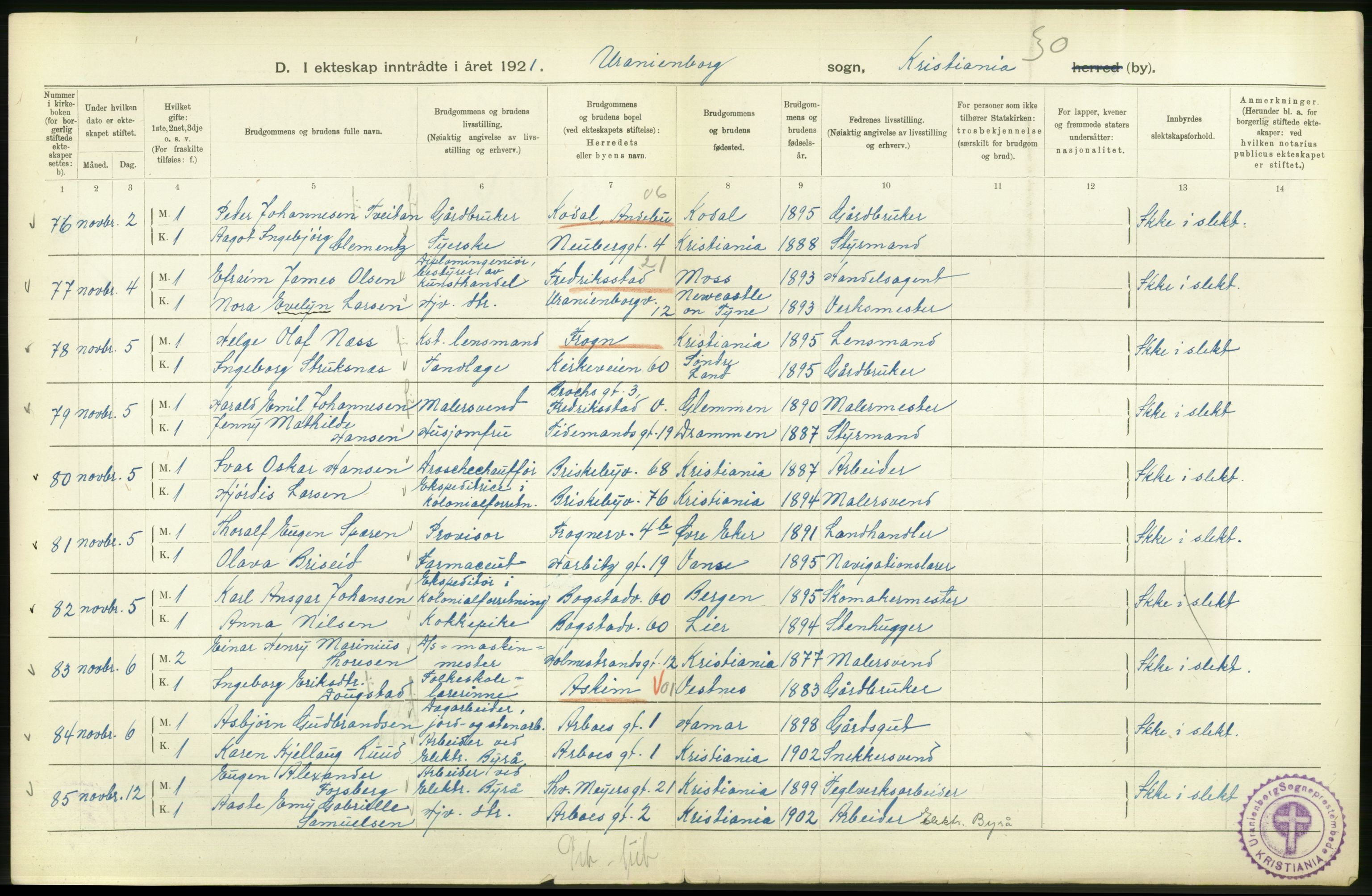 Statistisk sentralbyrå, Sosiodemografiske emner, Befolkning, AV/RA-S-2228/D/Df/Dfc/Dfca/L0011: Kristiania: Gifte, 1921, s. 248