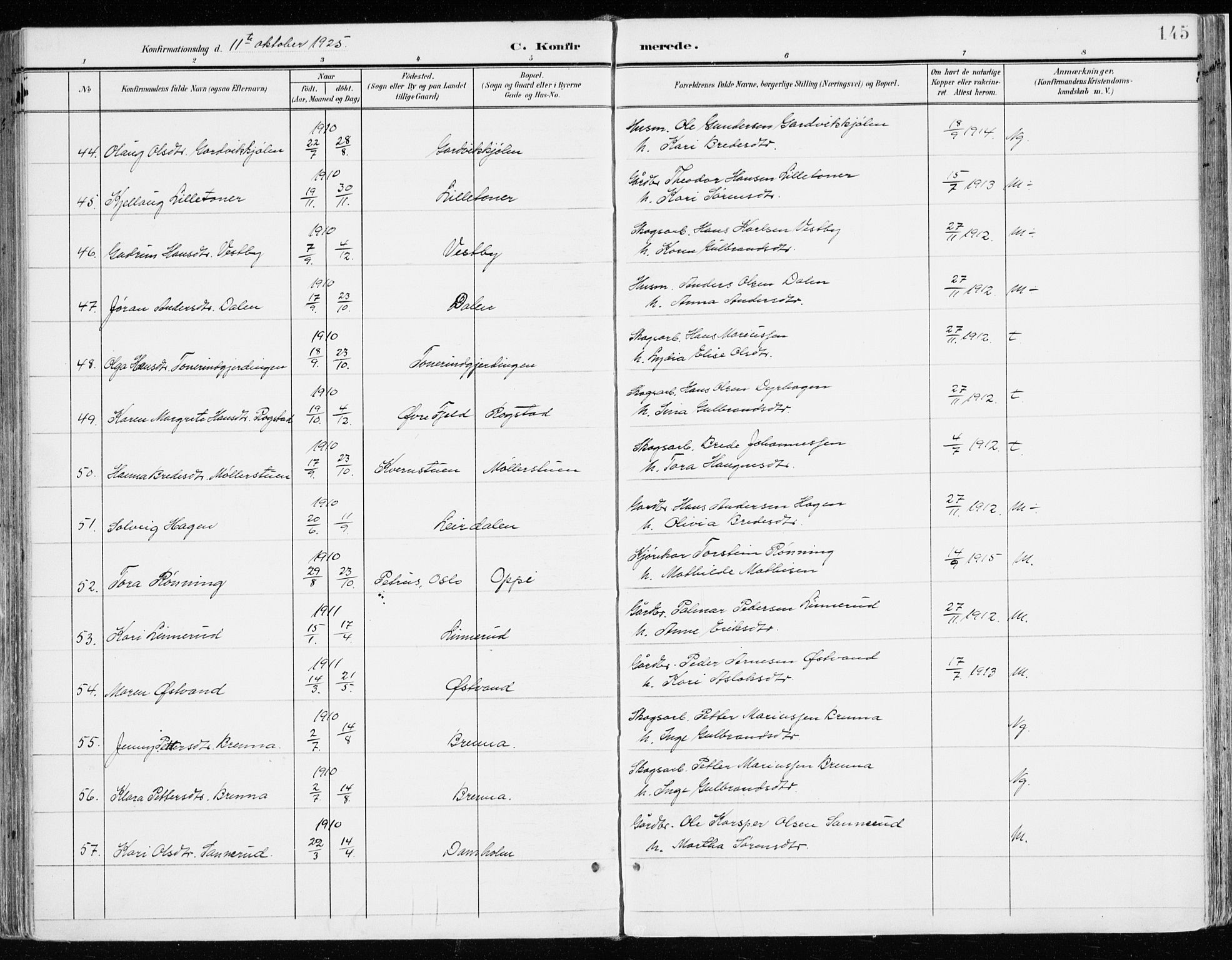 Nord-Odal prestekontor, AV/SAH-PREST-032/H/Ha/Haa/L0009: Ministerialbok nr. 9, 1902-1926, s. 145