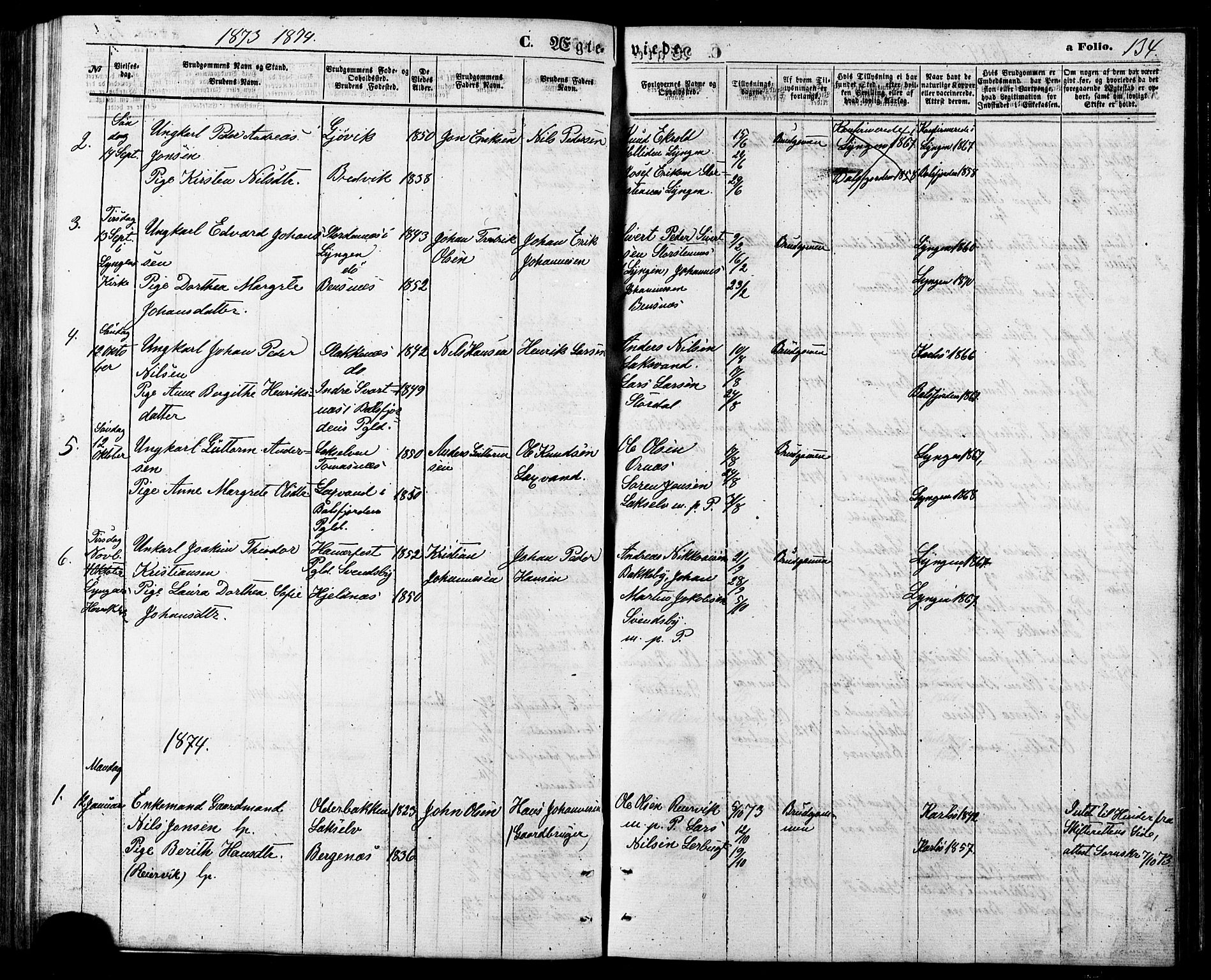 Lyngen sokneprestembete, AV/SATØ-S-1289/H/He/Heb/L0006klokker: Klokkerbok nr. 6, 1864-1881, s. 134