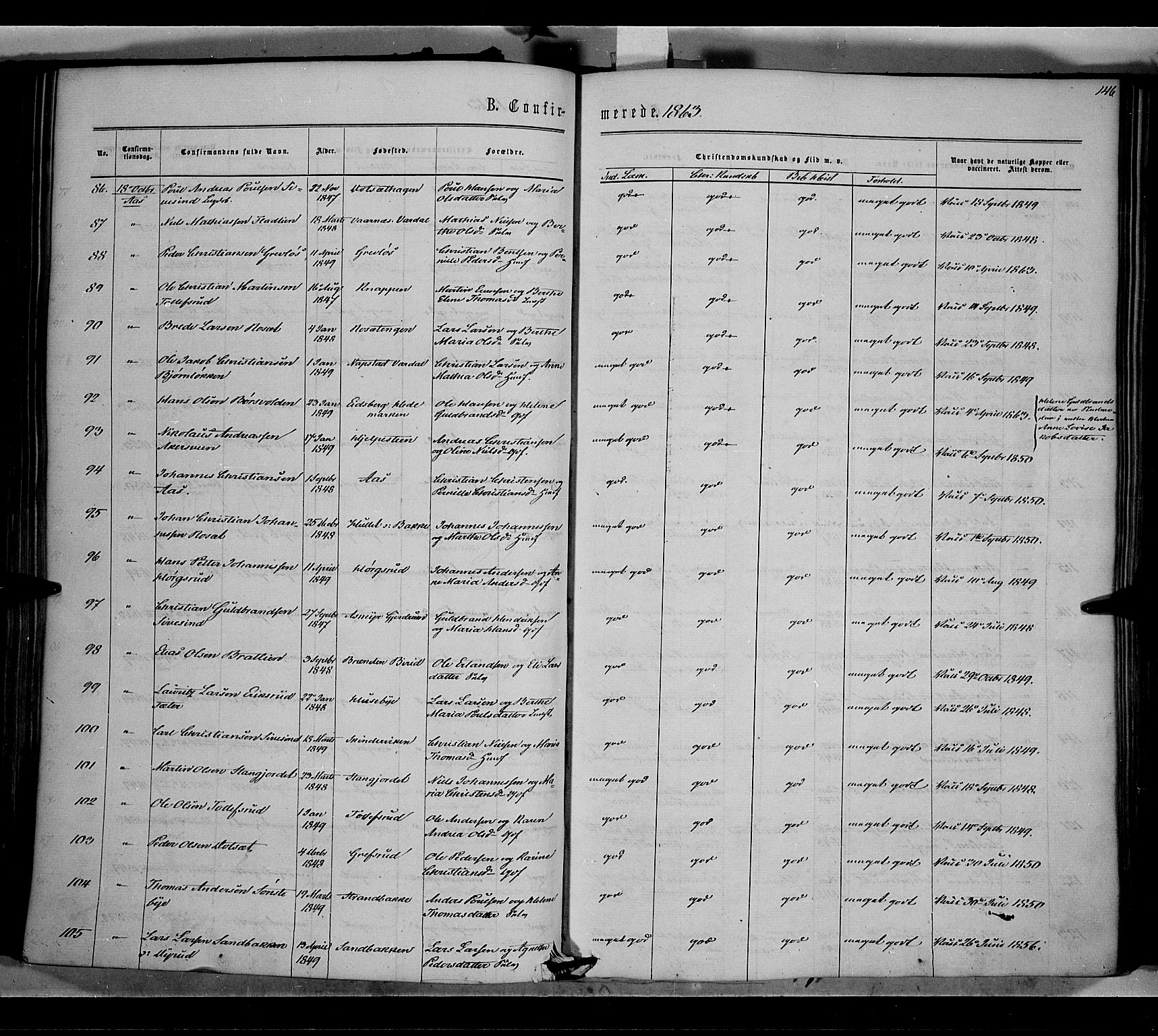 Vestre Toten prestekontor, AV/SAH-PREST-108/H/Ha/Haa/L0007: Ministerialbok nr. 7, 1862-1869, s. 146