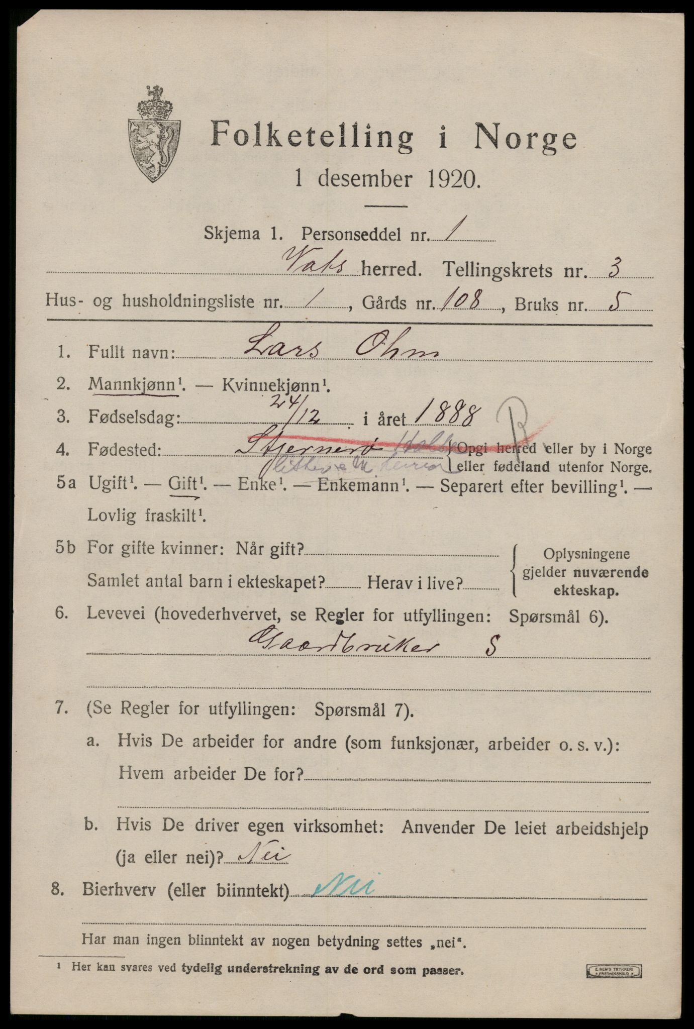 SAST, Folketelling 1920 for 1155 Vats herred, 1920, s. 1081