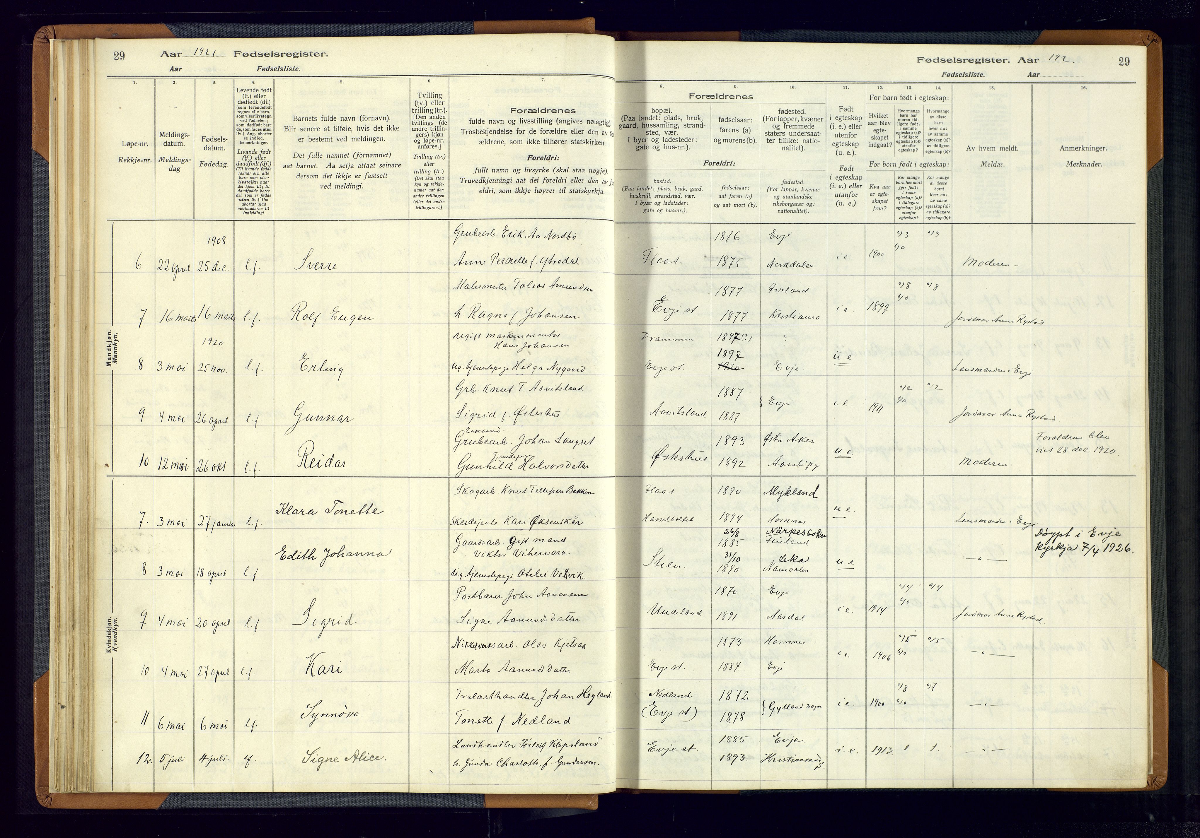 Evje sokneprestkontor, AV/SAK-1111-0008/J/Jc/L0004: Fødselsregister nr. 4, 1916-1968, s. 29