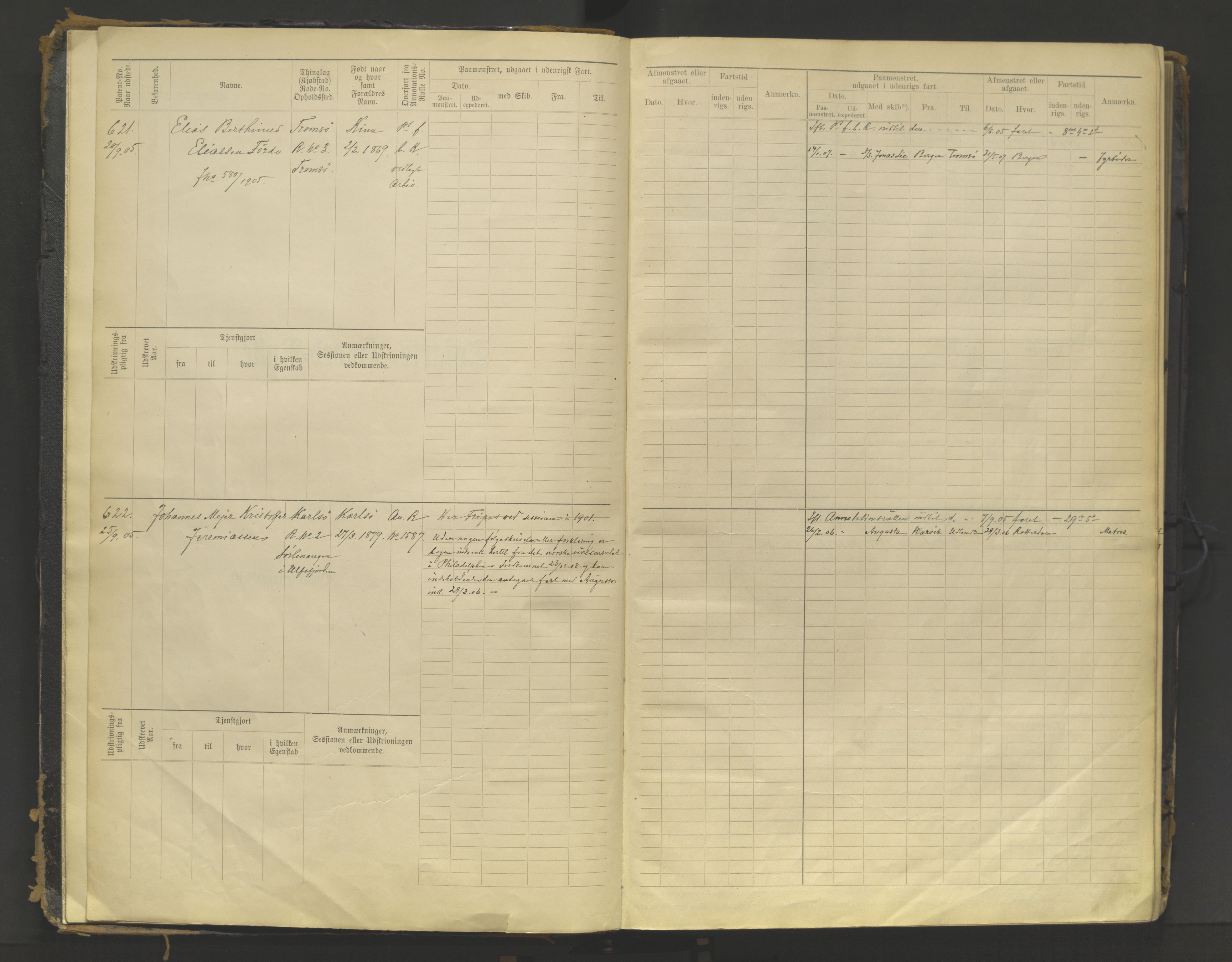 Tromsø sjømannskontor/innrullerings-/mønstringsdistrikt, AV/SATØ-S-0243/F/Fb/L0015: Sjøfartsrulle (hovedrulle). Defekt: løs rygg Nr. 621-860, 1905-1925