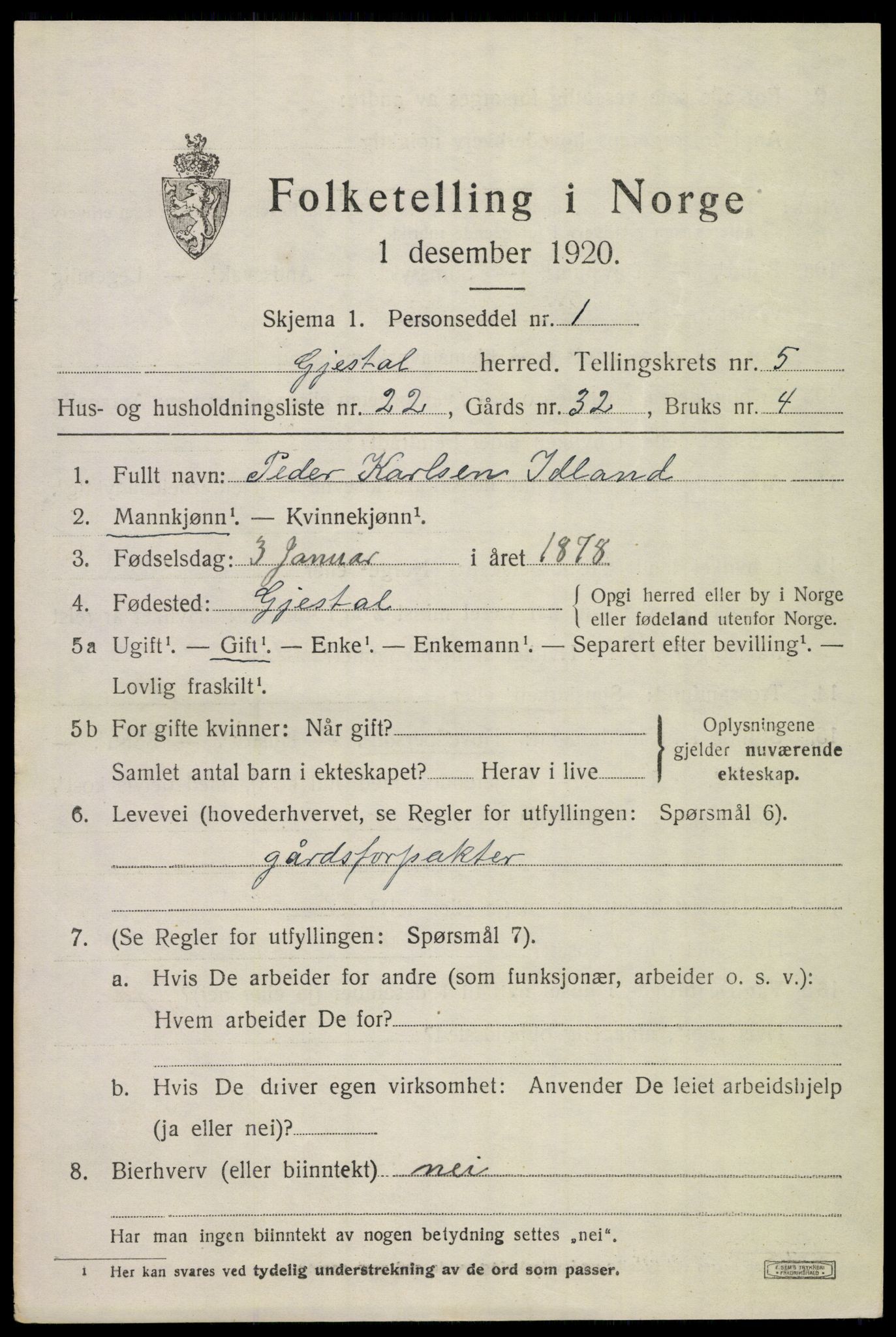 SAST, Folketelling 1920 for 1122 Gjesdal herred, 1920, s. 3380