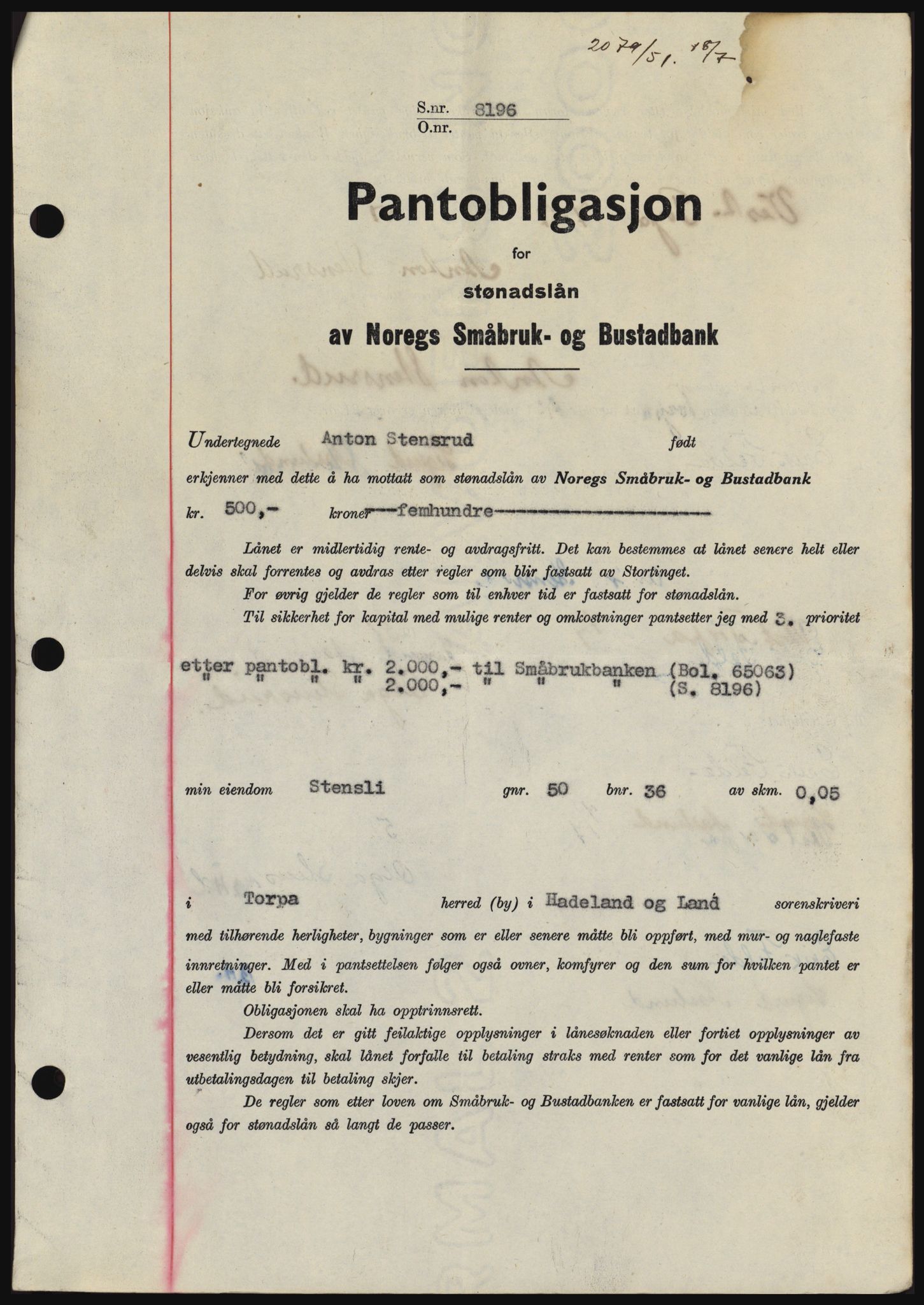 Hadeland og Land tingrett, SAH/TING-010/H/Hb/Hbc/L0021: Pantebok nr. B21, 1951-1951, Dagboknr: 2079/1951