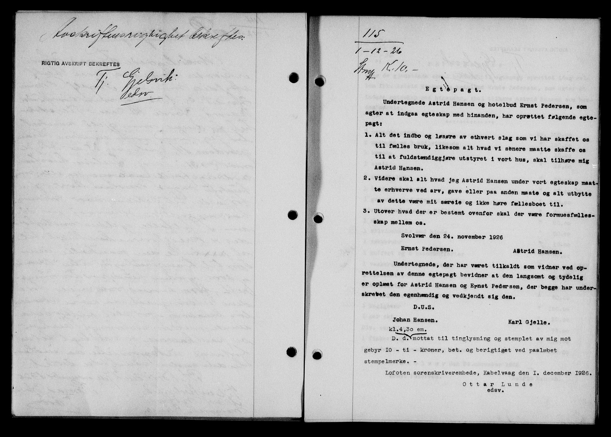 Lofoten sorenskriveri, SAT/A-0017/1/2/2C/L0014b: Pantebok nr. 14b, 1926-1926, Tingl.dato: 01.12.1926