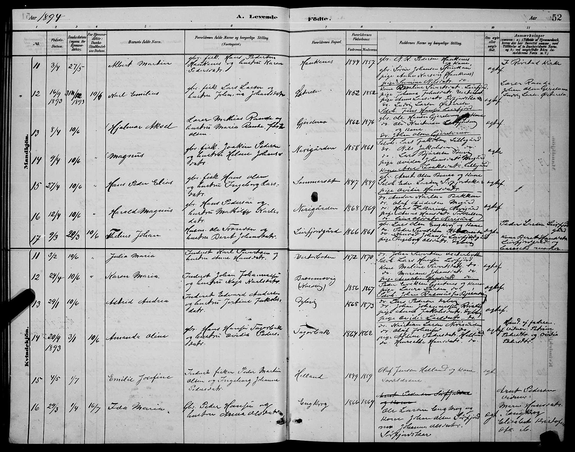 Ministerialprotokoller, klokkerbøker og fødselsregistre - Nordland, AV/SAT-A-1459/853/L0772: Ministerialbok nr. 853A11, 1881-1900, s. 52