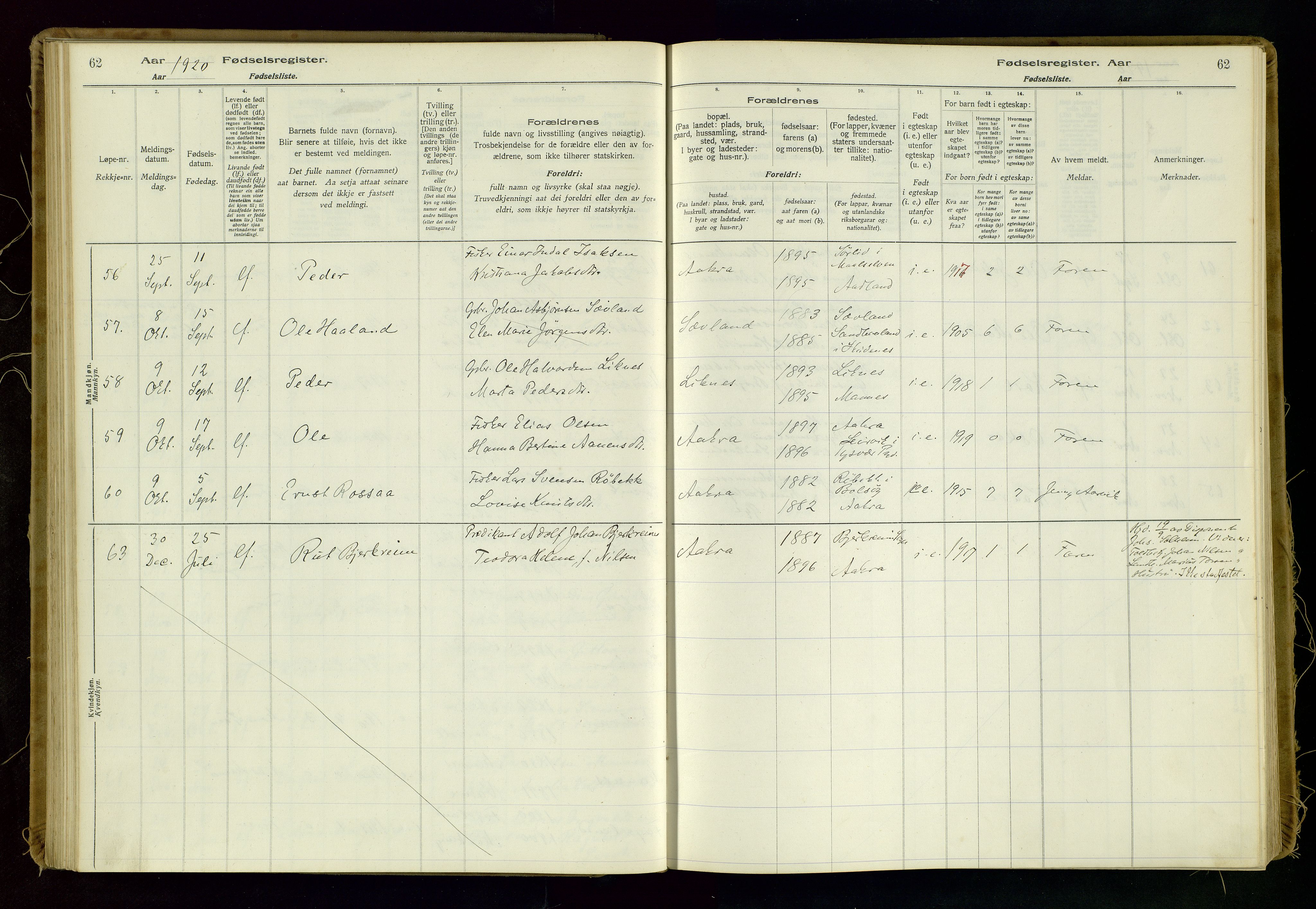 Kopervik sokneprestkontor, AV/SAST-A-101850/I/Id/L0006: Fødselsregister nr. 6, 1916-1934, s. 62