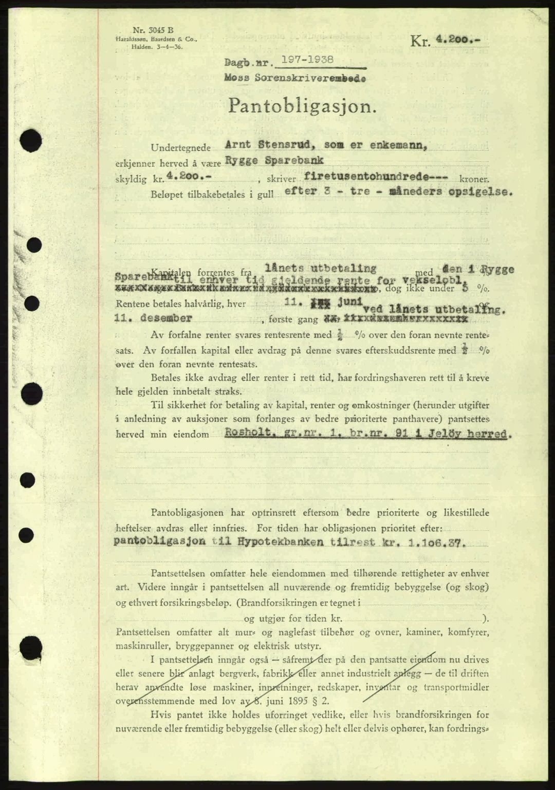 Moss sorenskriveri, SAO/A-10168: Pantebok nr. B4, 1937-1938, Dagboknr: 197/1938