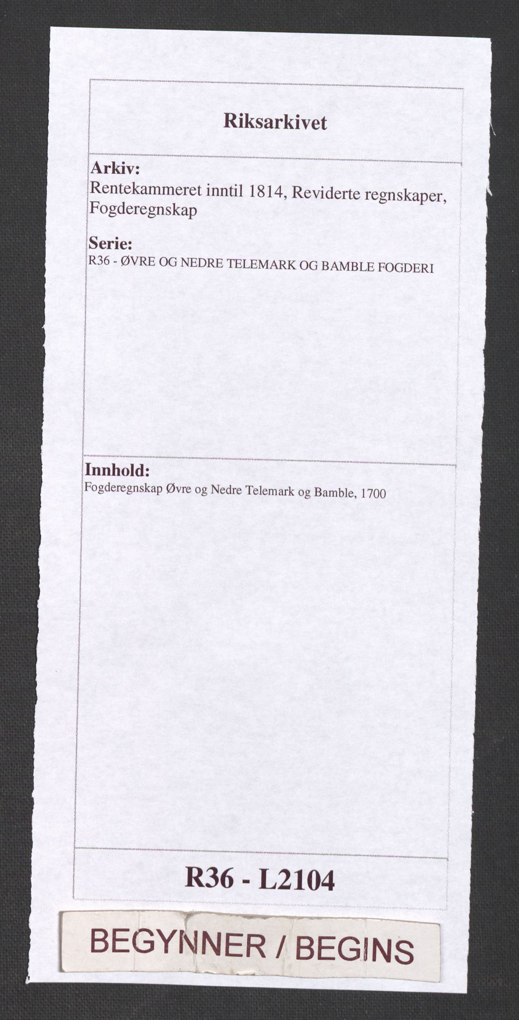 Rentekammeret inntil 1814, Reviderte regnskaper, Fogderegnskap, AV/RA-EA-4092/R36/L2104: Fogderegnskap Øvre og Nedre Telemark og Bamble, 1700, s. 1