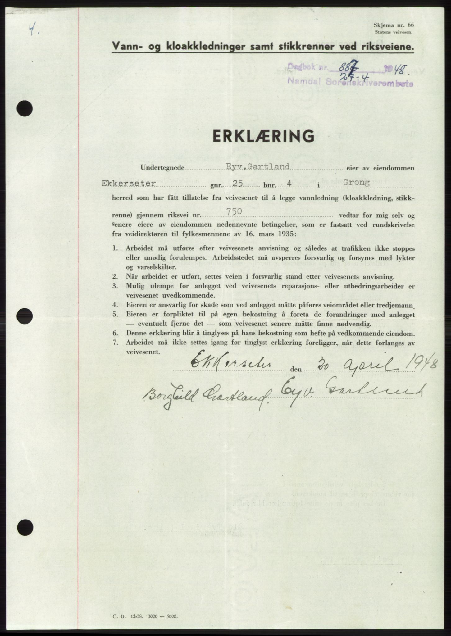 Namdal sorenskriveri, SAT/A-4133/1/2/2C: Pantebok nr. -, 1947-1948, Dagboknr: 887/1948