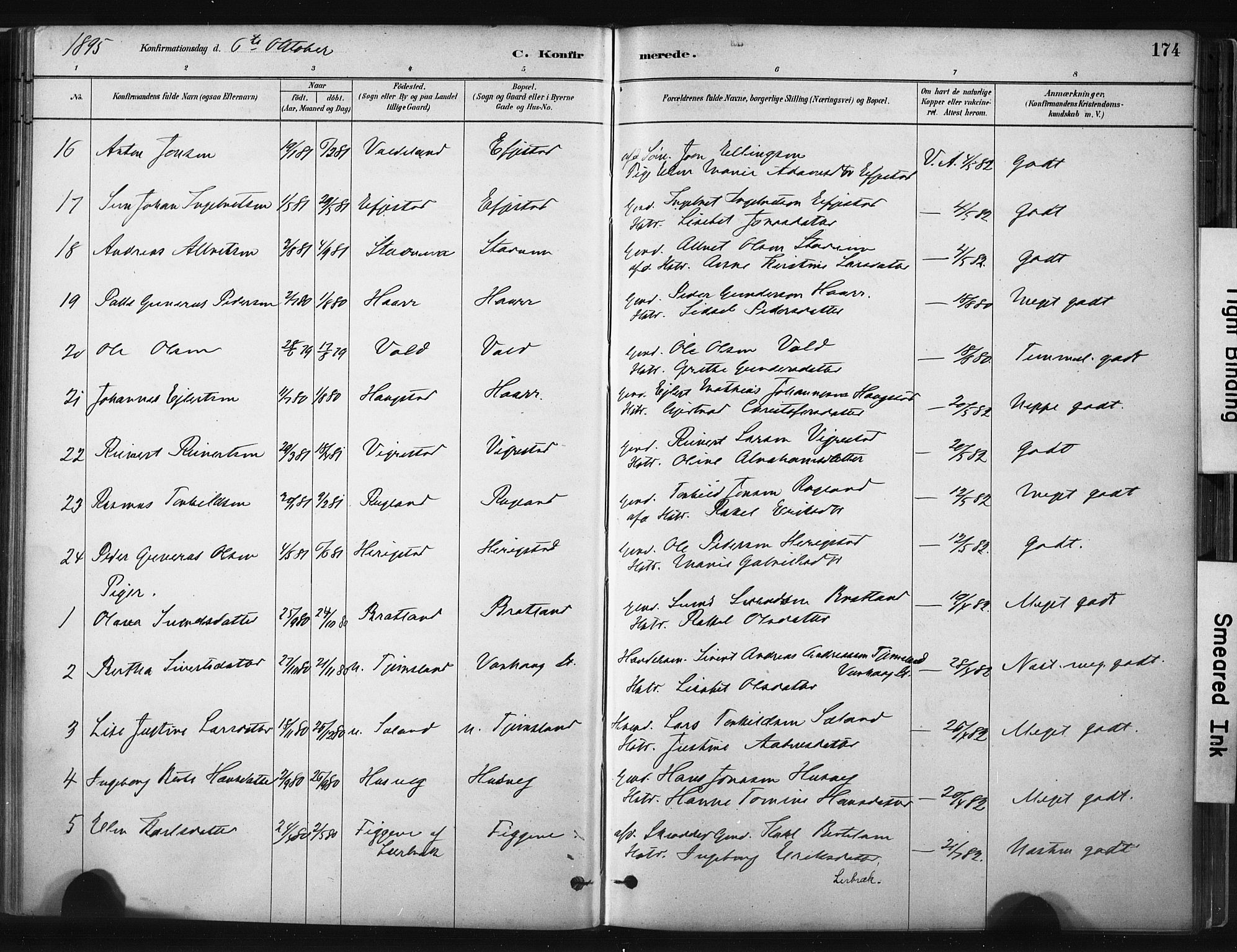 Hå sokneprestkontor, AV/SAST-A-101801/001/30BA/L0011: Ministerialbok nr. A 10, 1879-1900, s. 174