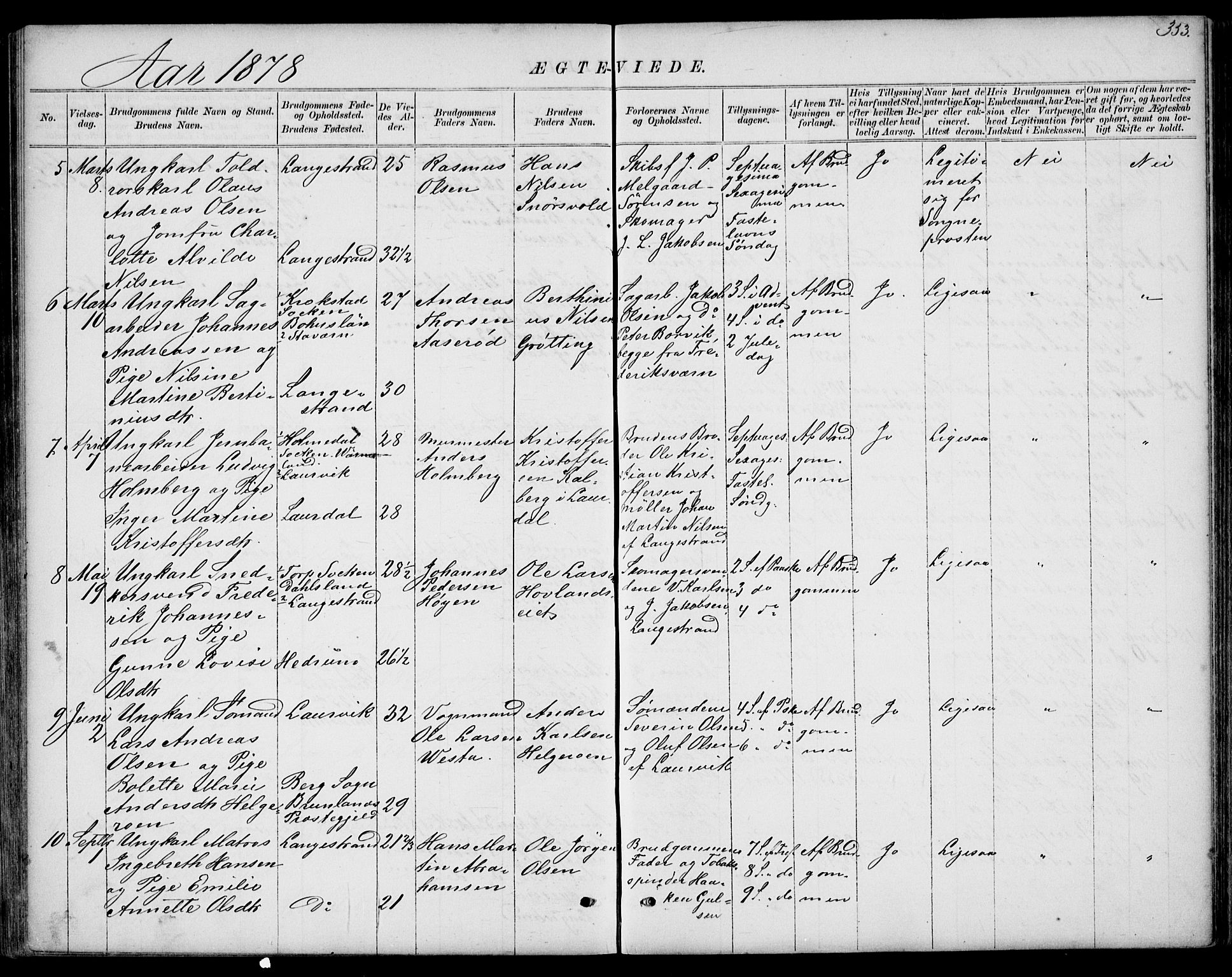 Larvik kirkebøker, AV/SAKO-A-352/G/Gb/L0003: Klokkerbok nr. II 3, 1867-1899, s. 353